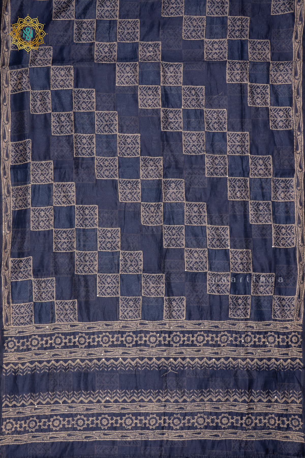Indigo Chanderi Cotton Saree With Printed Body And Katha Work All Over