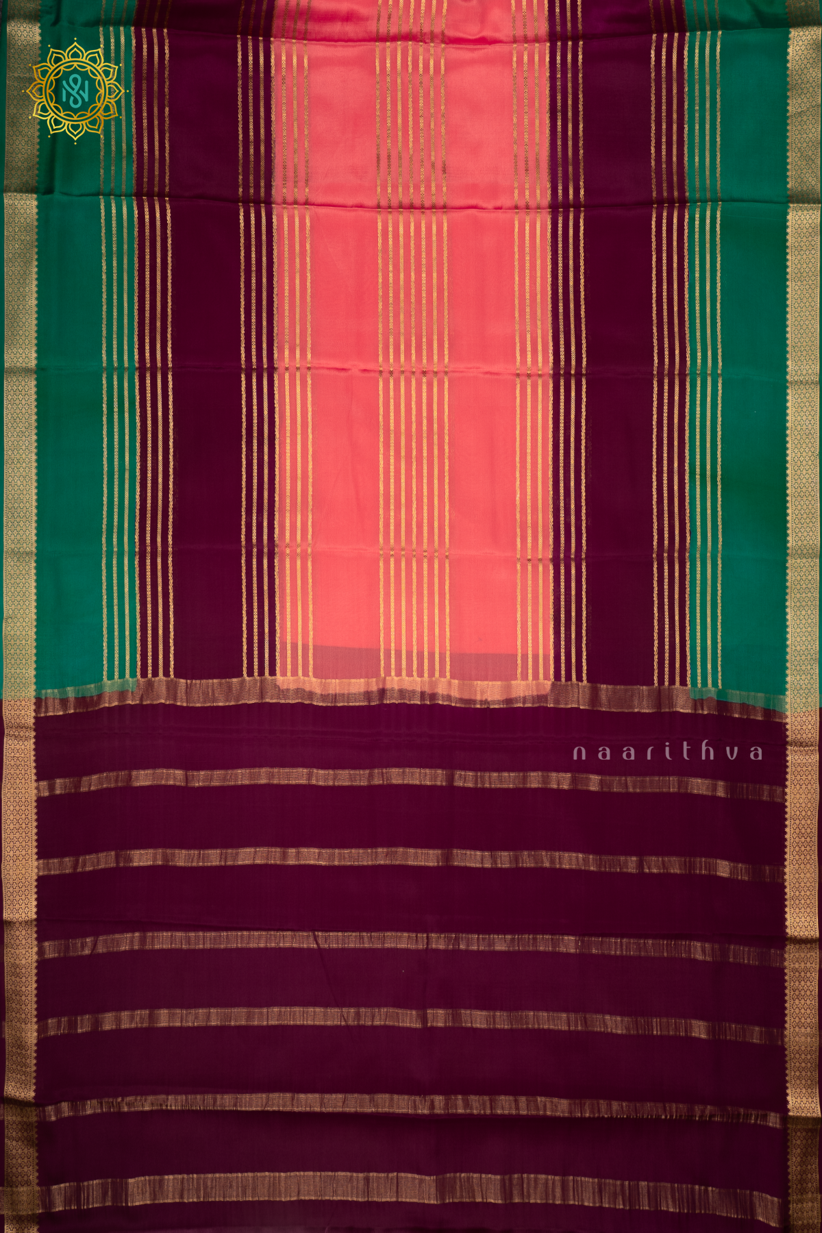 PEACHISH PINK WITH WINE AND AQUA GREEN  - PURE MYSORE CREPE SILK