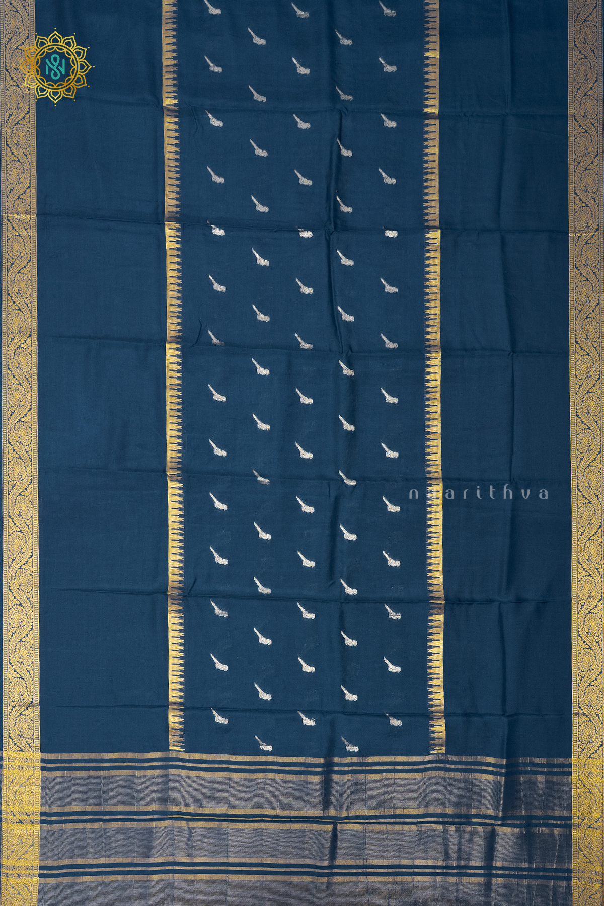 PEACOCK BLUE WITH PINK - SEMI CREPE SILK