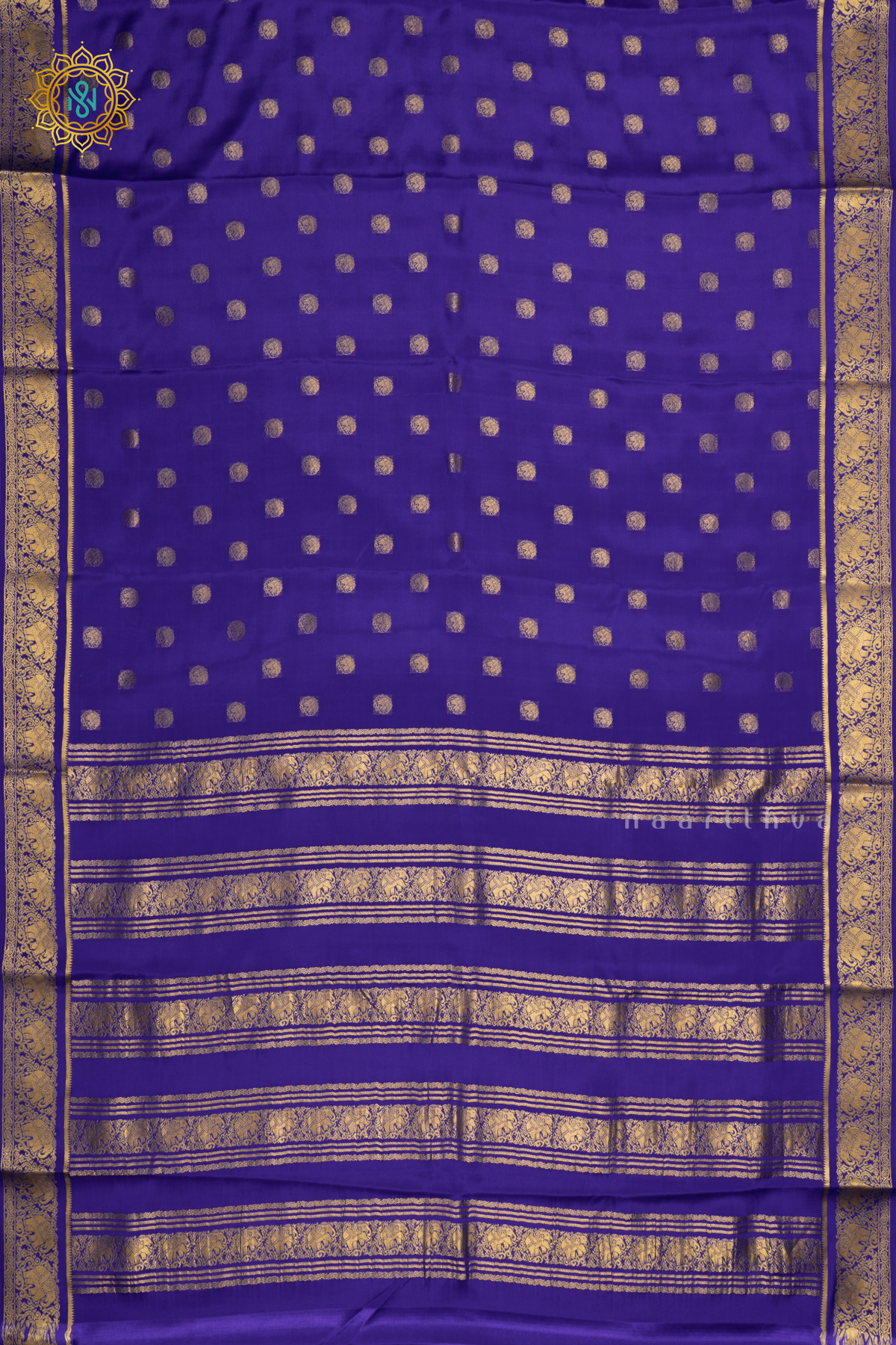 Royal Blue Pure Mysore Crepe Silk Saree With Zari Buttas On The Body and Zari Border