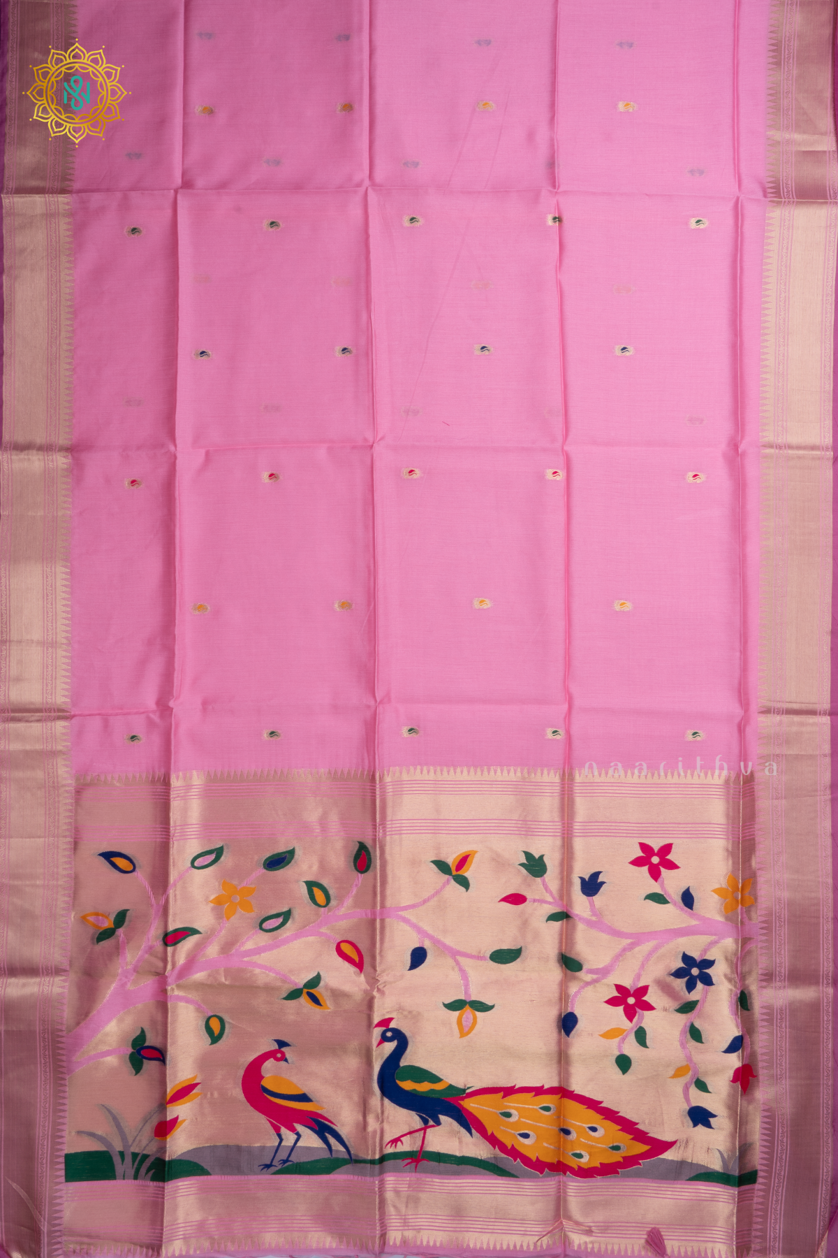 Light Pink Semi Tussar Silk Saree Zari Buttas On The Body With Paithani Border & Pallu