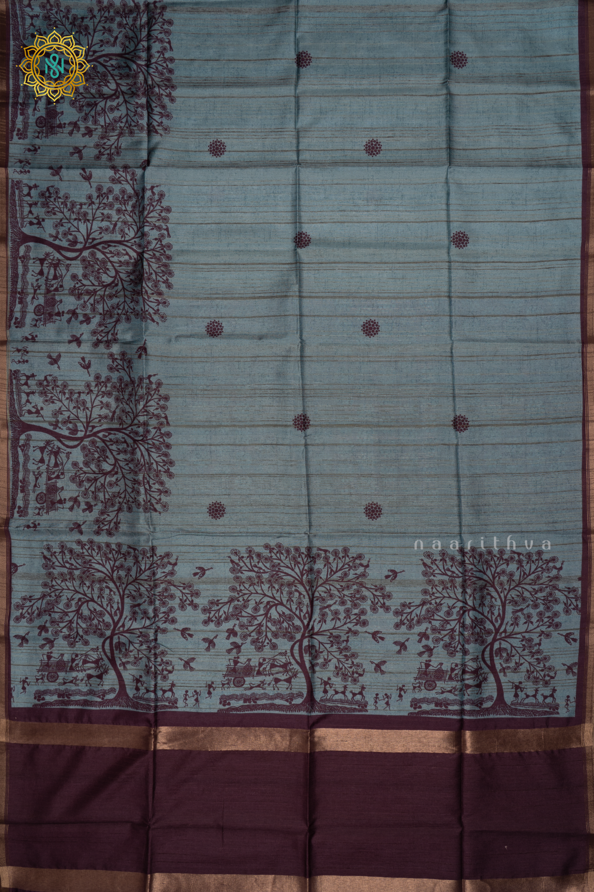 Blue Semi Tussar Silk Saree With Printed Body And Contrast Border