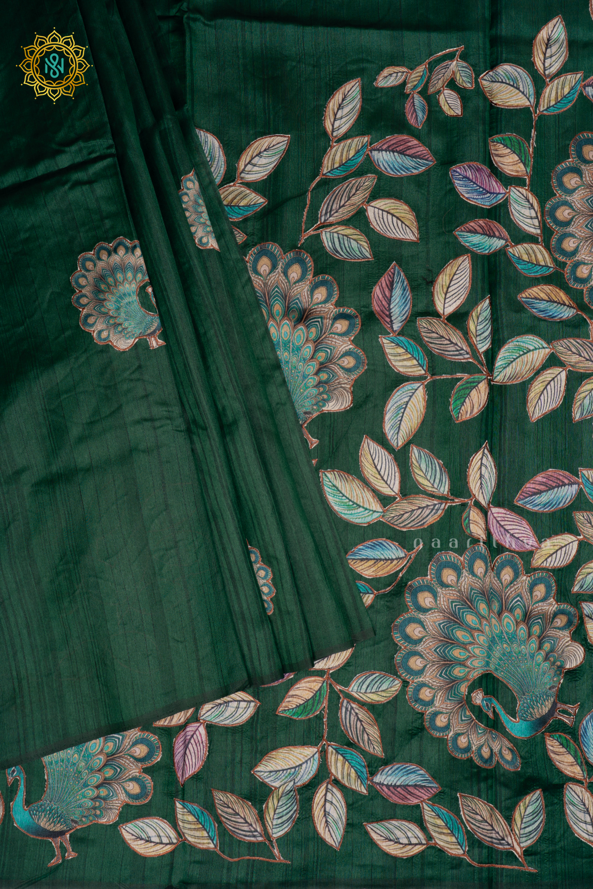 BOTTLE GREEN - SEMI TUSSAR SILK WITH APPLIQUE WORK