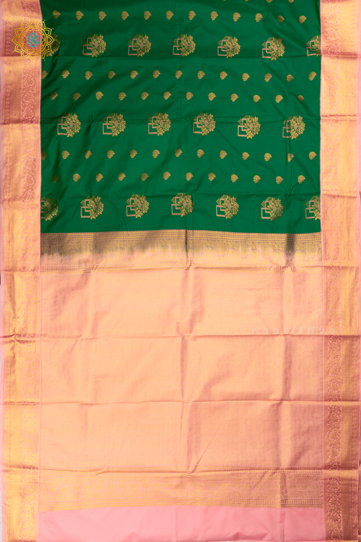 Green with Peachish Pink Semi Kanchi Saree With Zari Buttas All Over And Contrast Zari Border