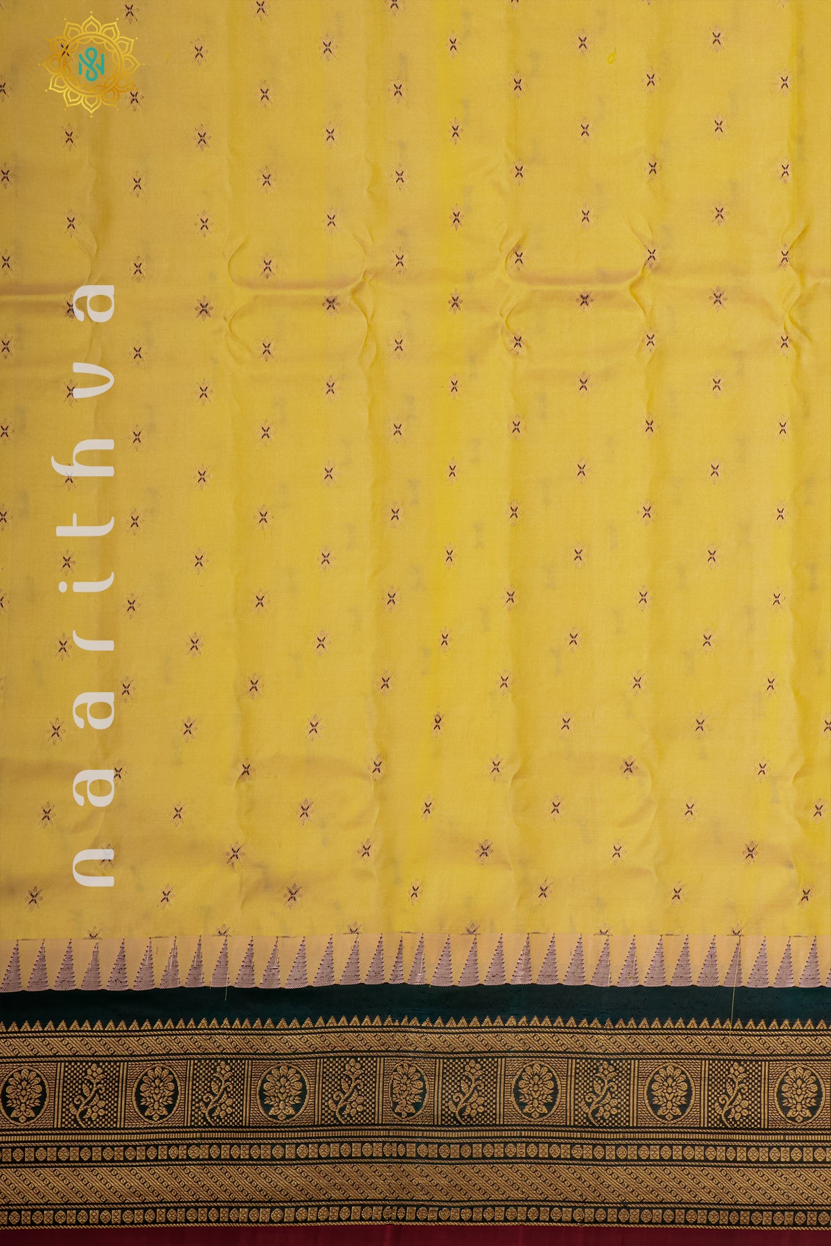 LIGHT YELLOW WITH BOTTLE GREEN - PURE GADWAL SILK