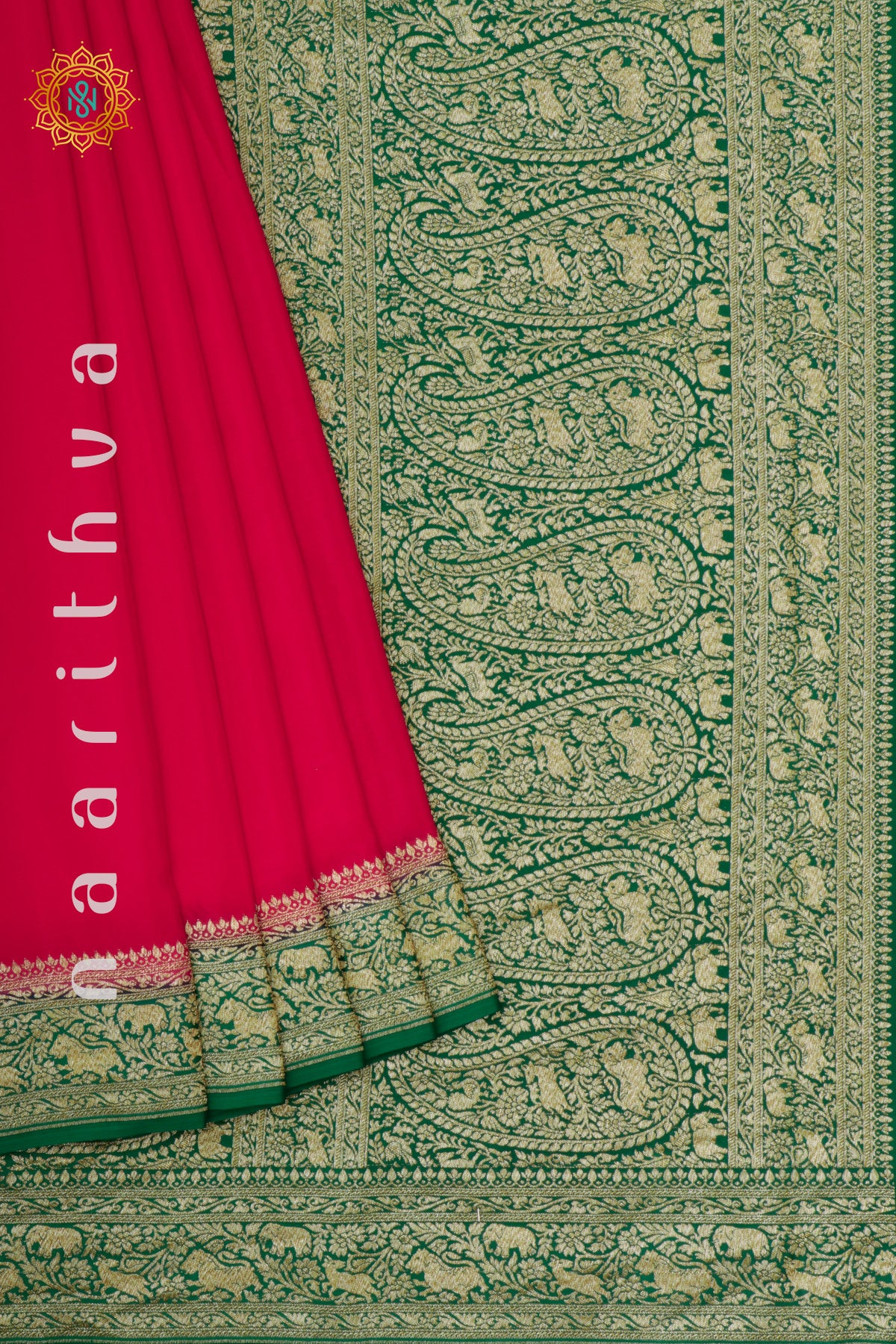 RED WITH GREEN - PURE BANARASI CREPE SILK