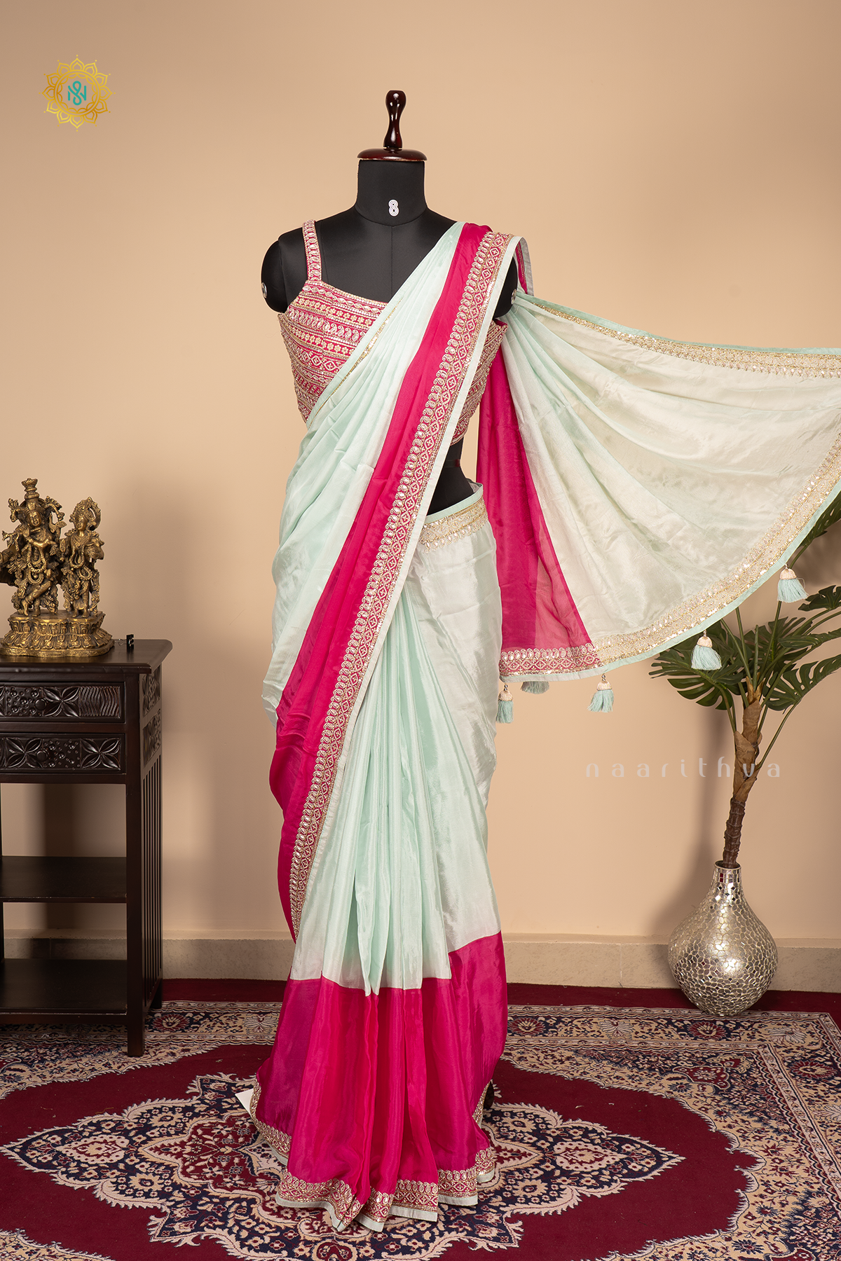 Aqua Blue With Pink Chinnon Designer Wear Saree with Readymade Blouse