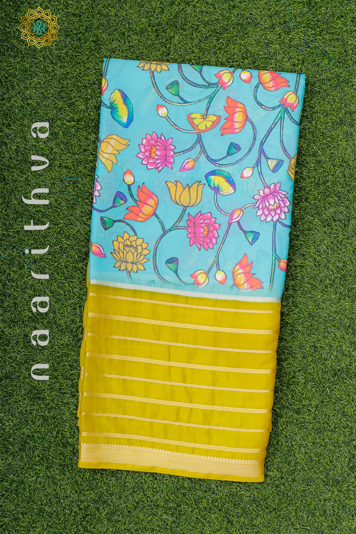 AQUA BLUE WITH YELLOW - SEMI MYSORE CREPE SILK