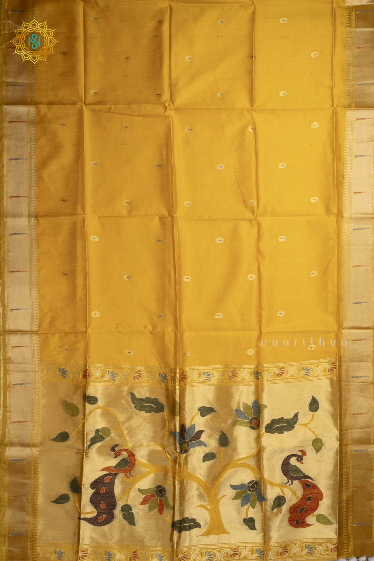 Yellow Semi Tussar Silk Saree Zari Buttas On The Body With Paithani Border & Pallu