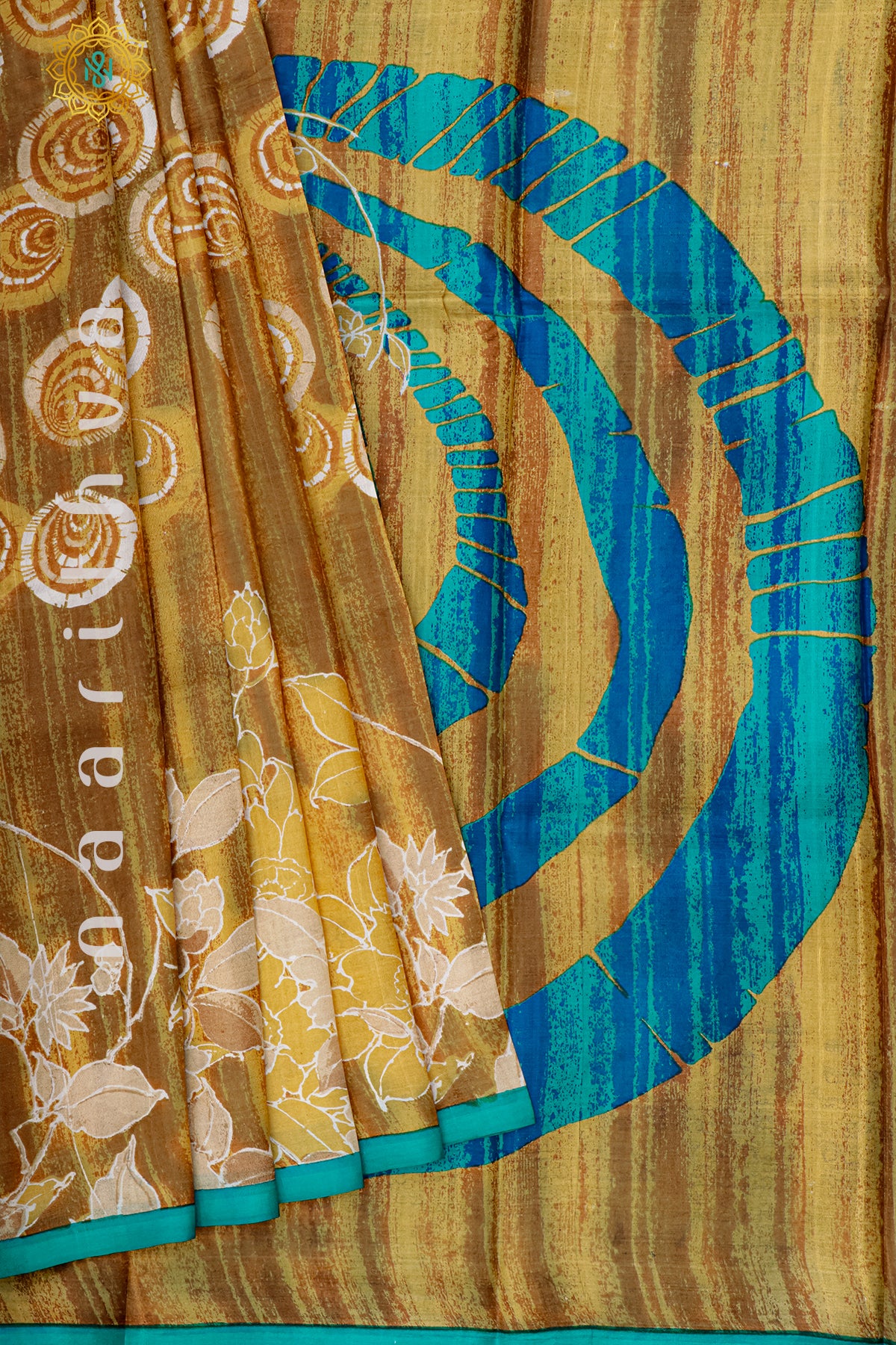 MUSTARD WITH SKY BLUE - PURE MULBERRY SILK WITH DIGITAL PRINT