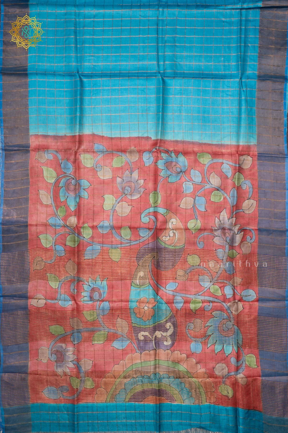 SKY BLUE WITH RED - PURE TUSSAR SILK