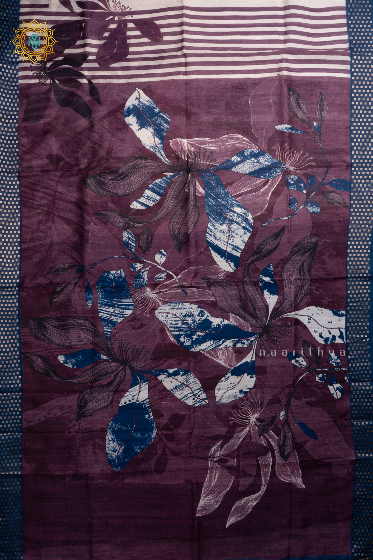 Wine With Blue Semi Cotton Tussar Saree with Printed Body & Contrast Pallu