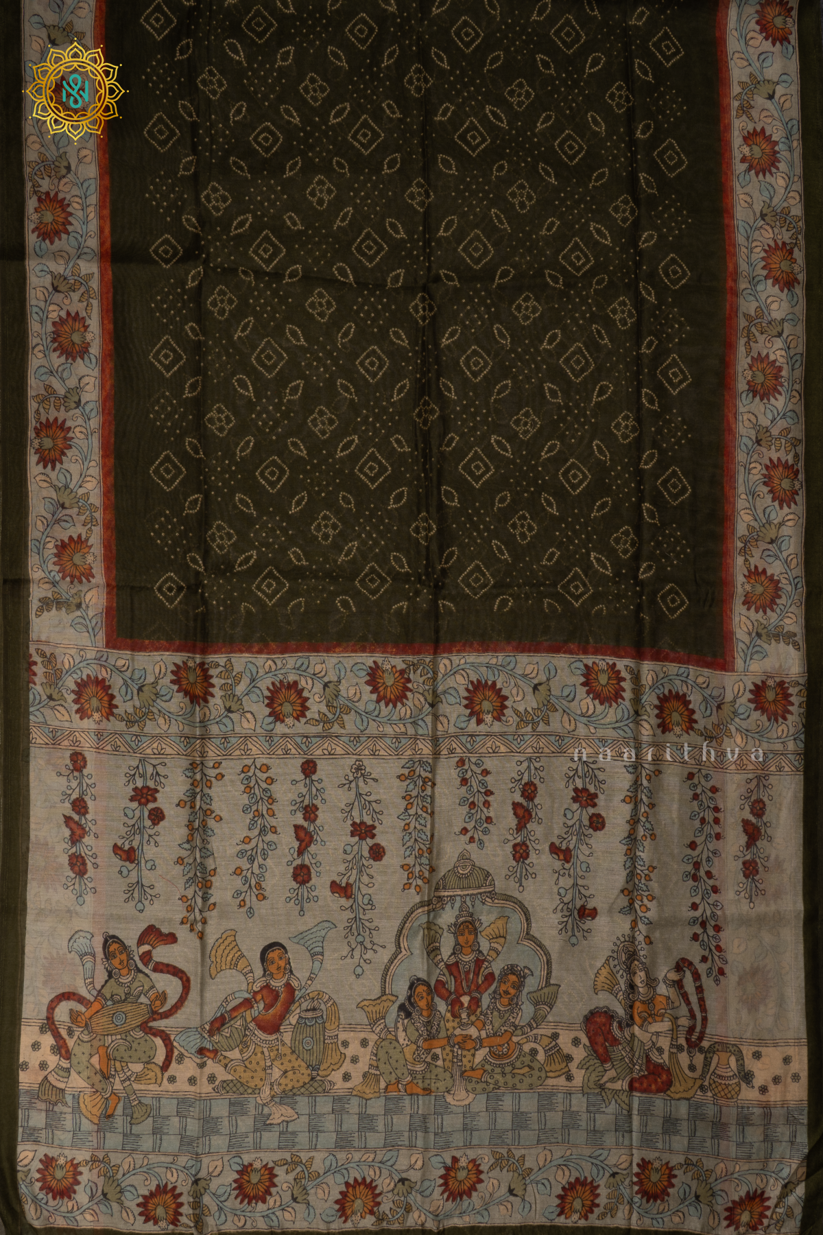 OLIVE GREEN WITH LIGHT BLUE - LINEN BY COTTON SAREE
