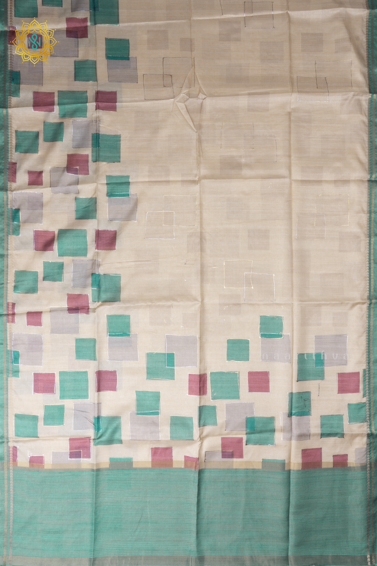 Off White With Aqua Green Semi Tussar Silk Saree With Allover Geometrical Prints On The Body With Contrast Pallu