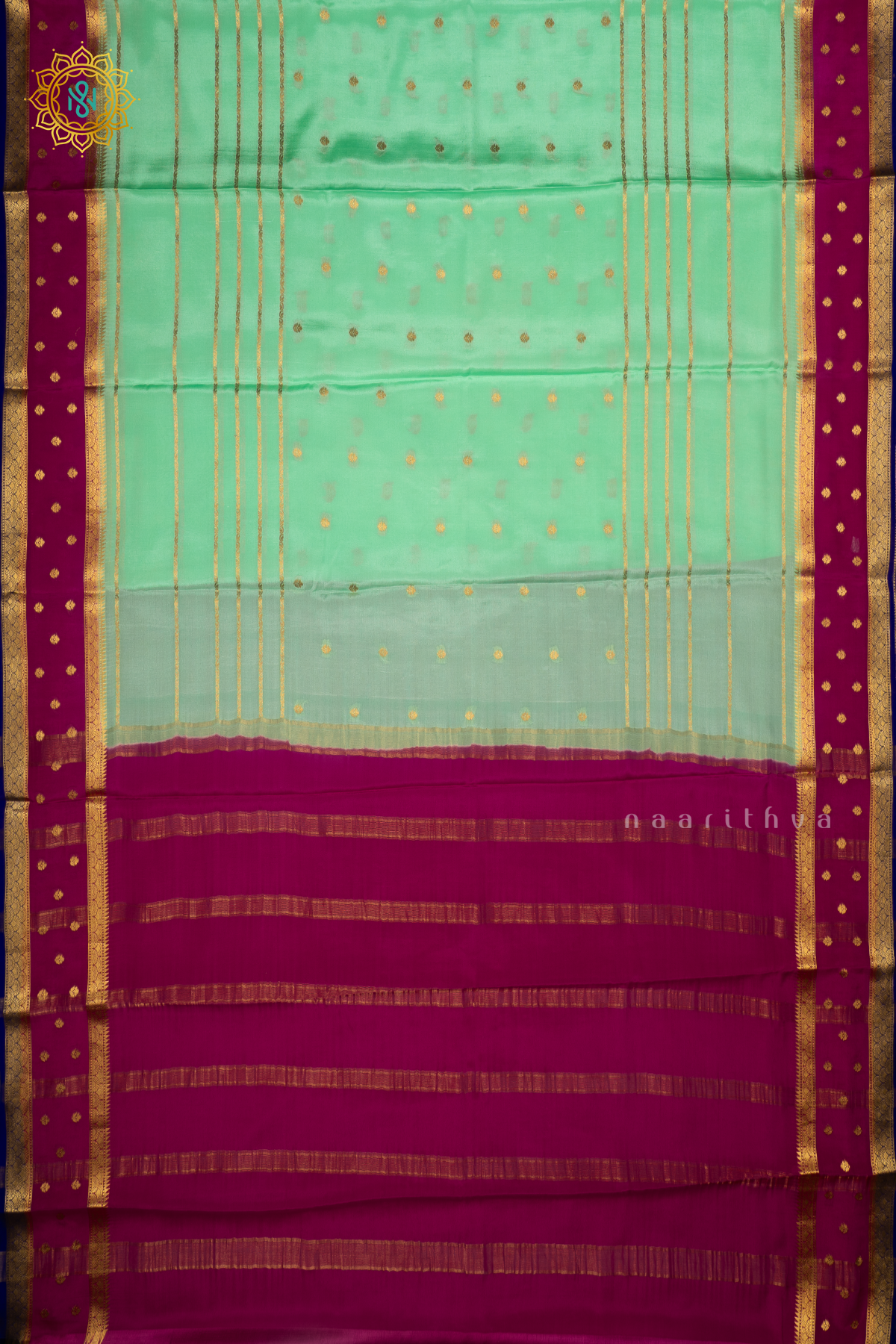 PISTA GREEN WITH RANI PINK AND NAVY BLUE - PURE MYSORE CREPE SILK