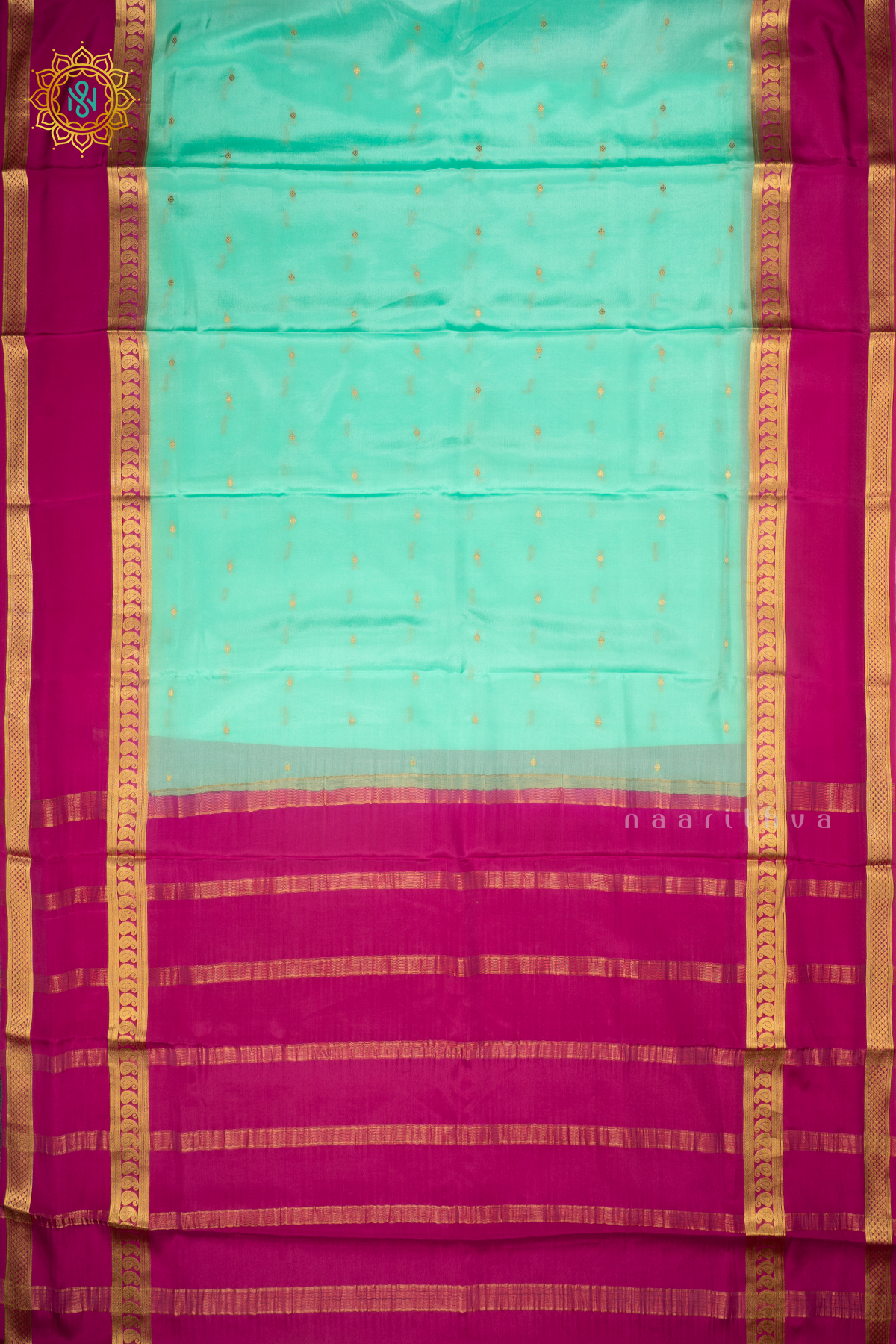 AQUA BLUE WITH RANI PINK - PURE MYSORE CREPE SILK