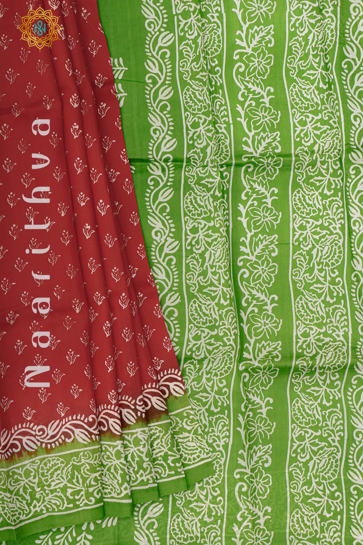 RED WITH GREEN - PURE MULBERRY SILK WITH BLOCK PRINT