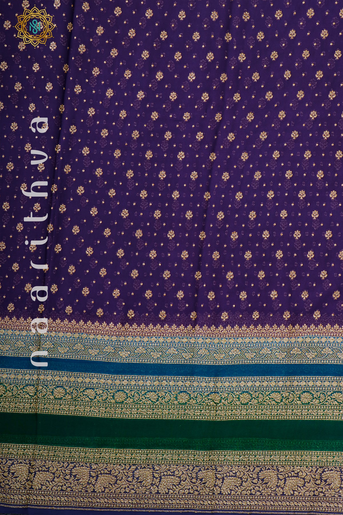 PURPLE WITH BLUE & GREEN, NAVY BLUE - PURE HANDLOOM KHADDI GEORGETTE BANARAS