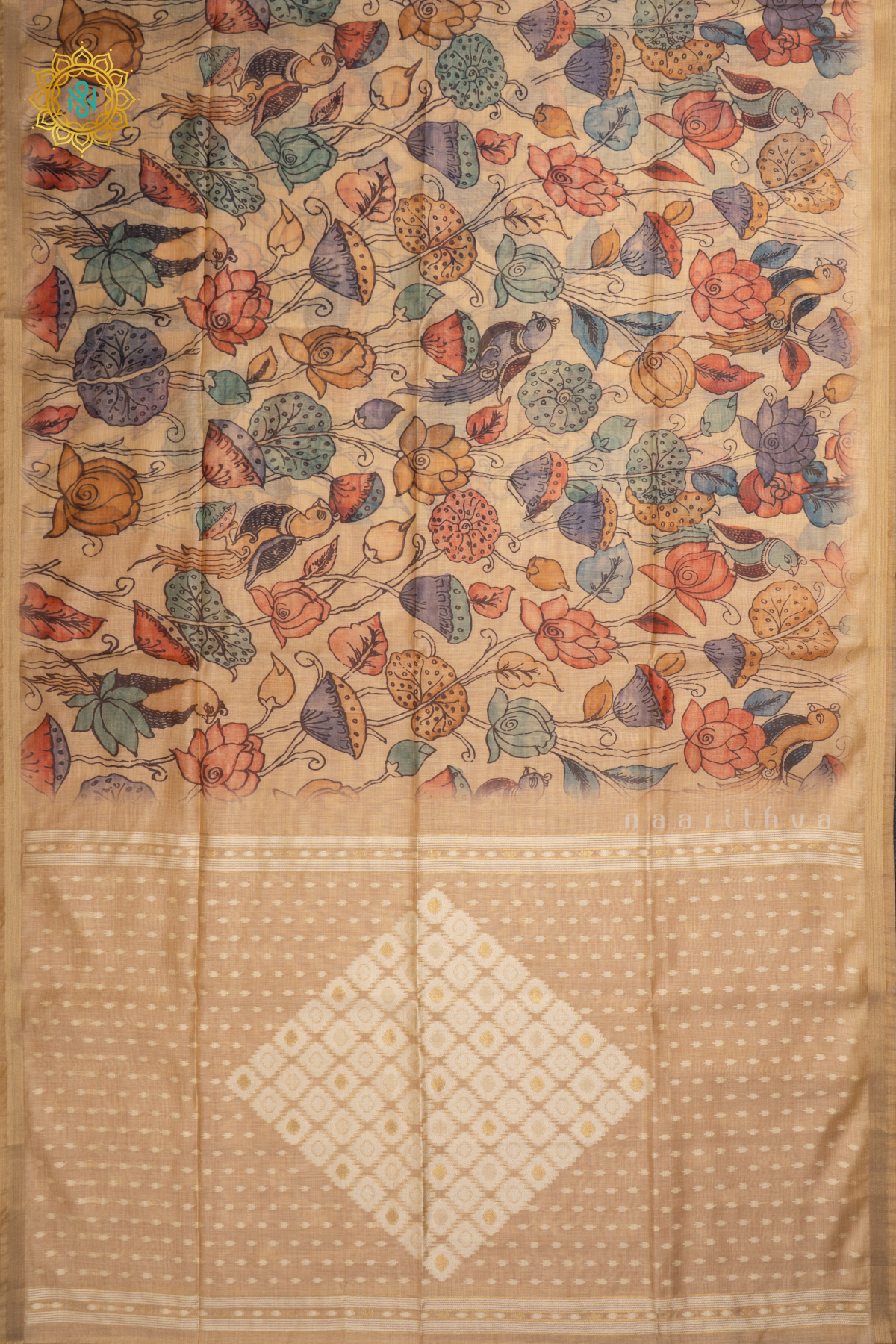Beige With Peach Linen By Cotton Saree With Kalamkari Prints On The Body