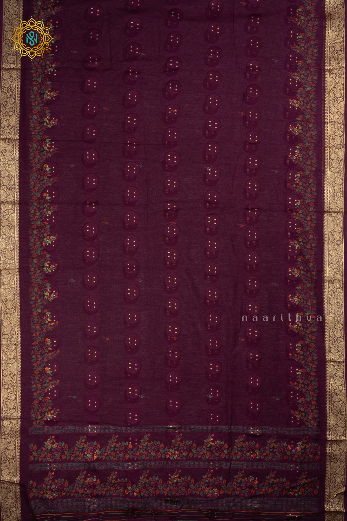 Wine Semi Georgette Saree With Printed Body And Zari Border