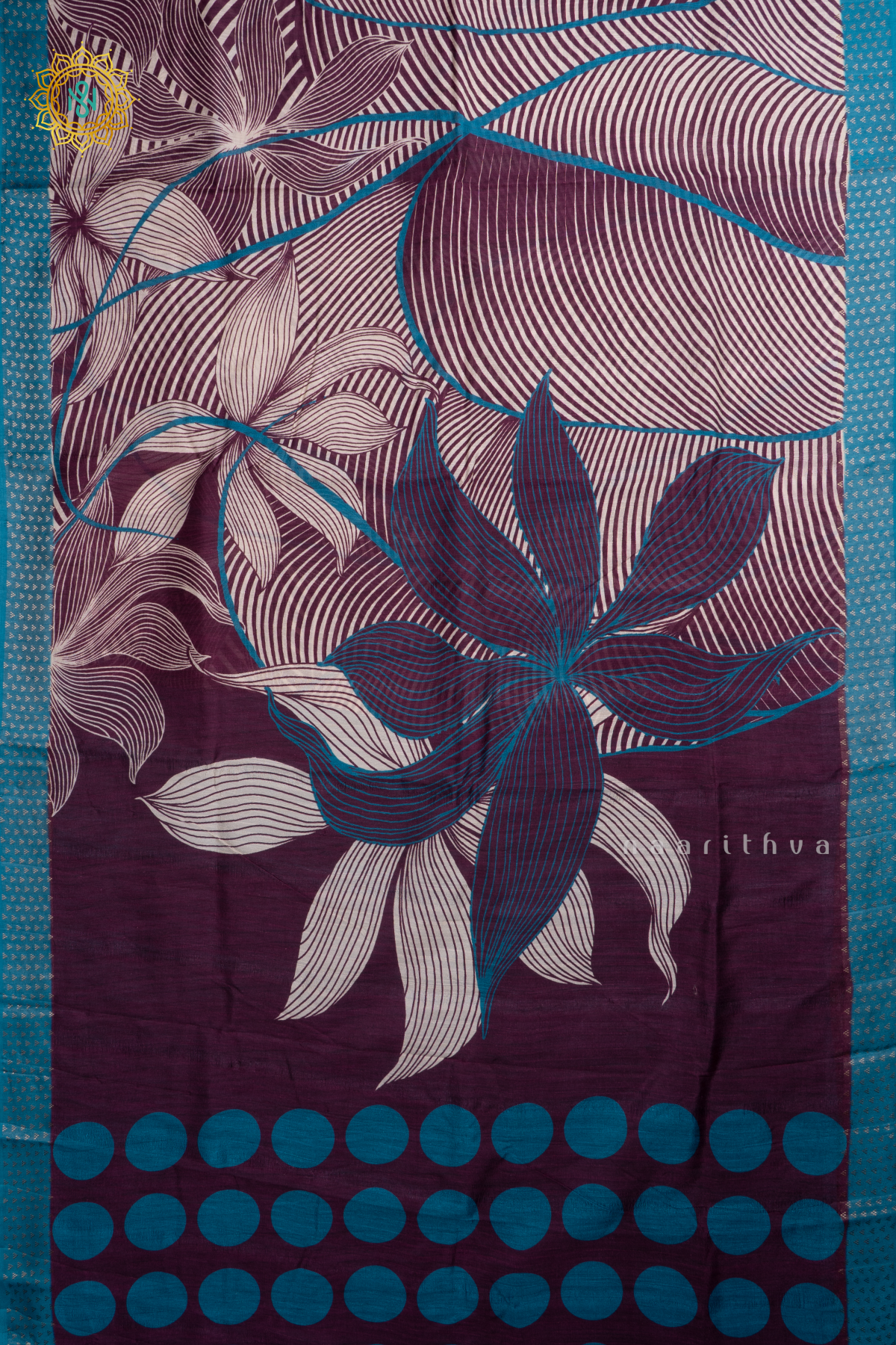 Wine With Sky Blue Semi Cotton Tussar Saree with Printed Body & Contrast Pallu