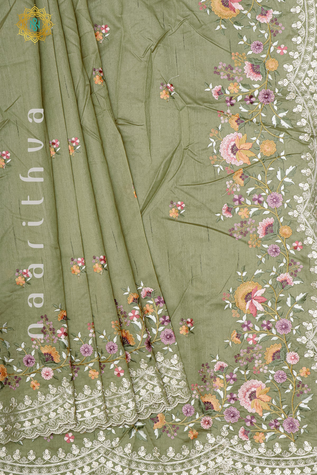 PISTA GREEN - SEMI TUSSAR SILK WITH EMBROIDER