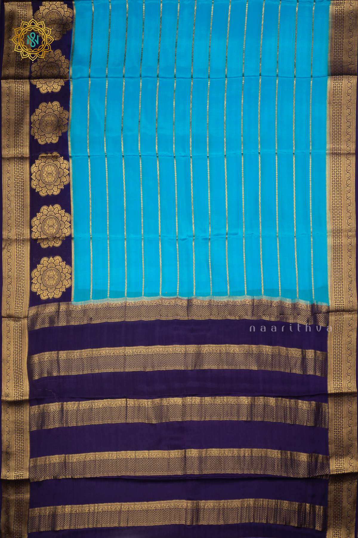 SKY BLUE WITH NAVY BLUE - PURE MYSORE CREPE SILK