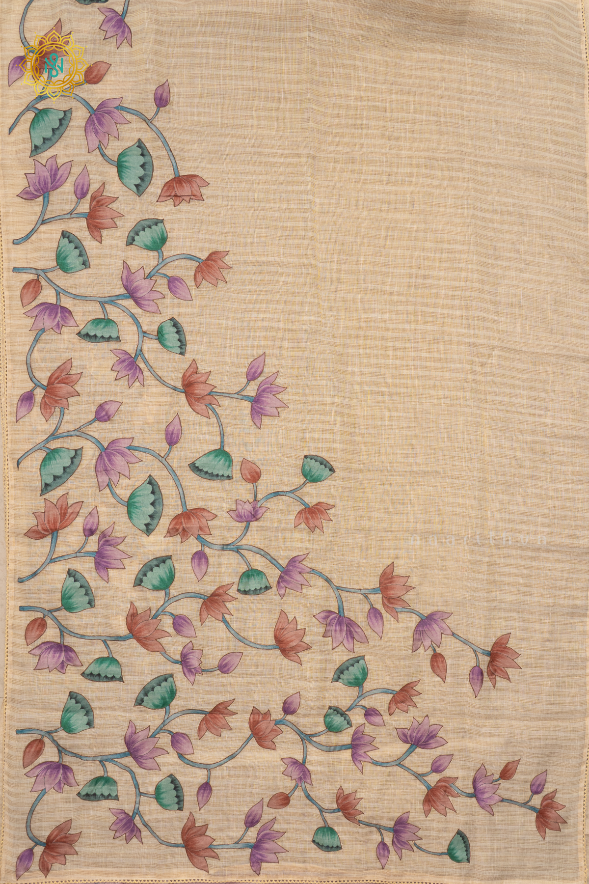 OFF WHITE WITH LAVENDER - LINEN TISSUE WITH APPLIQUE WORK