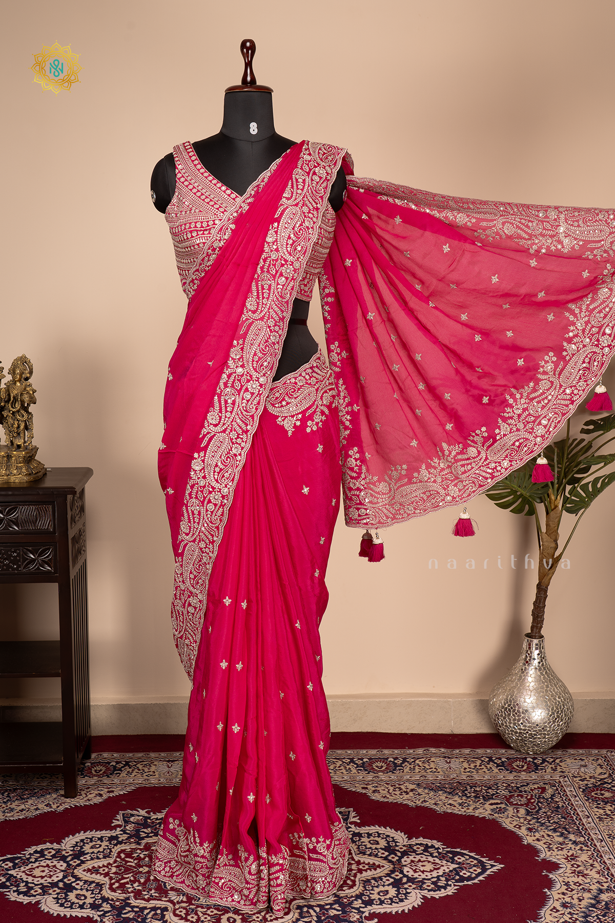 RANI PINK - CREPE PARTY WEAR SAREE WITH READYMADE BLOUSE