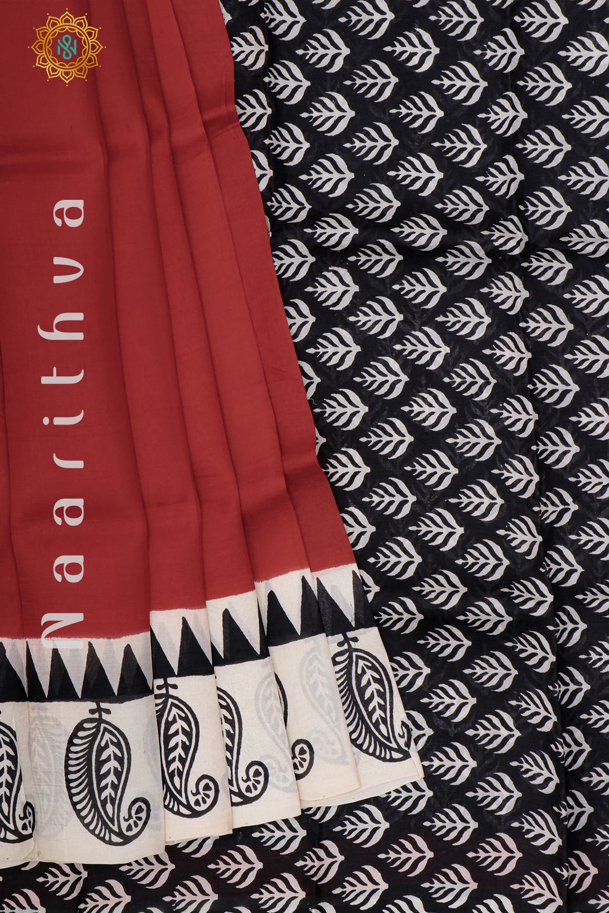 RED WITH BLACK & WHITE - PURE MULBERRY SILK WITH BLOCK PRINT