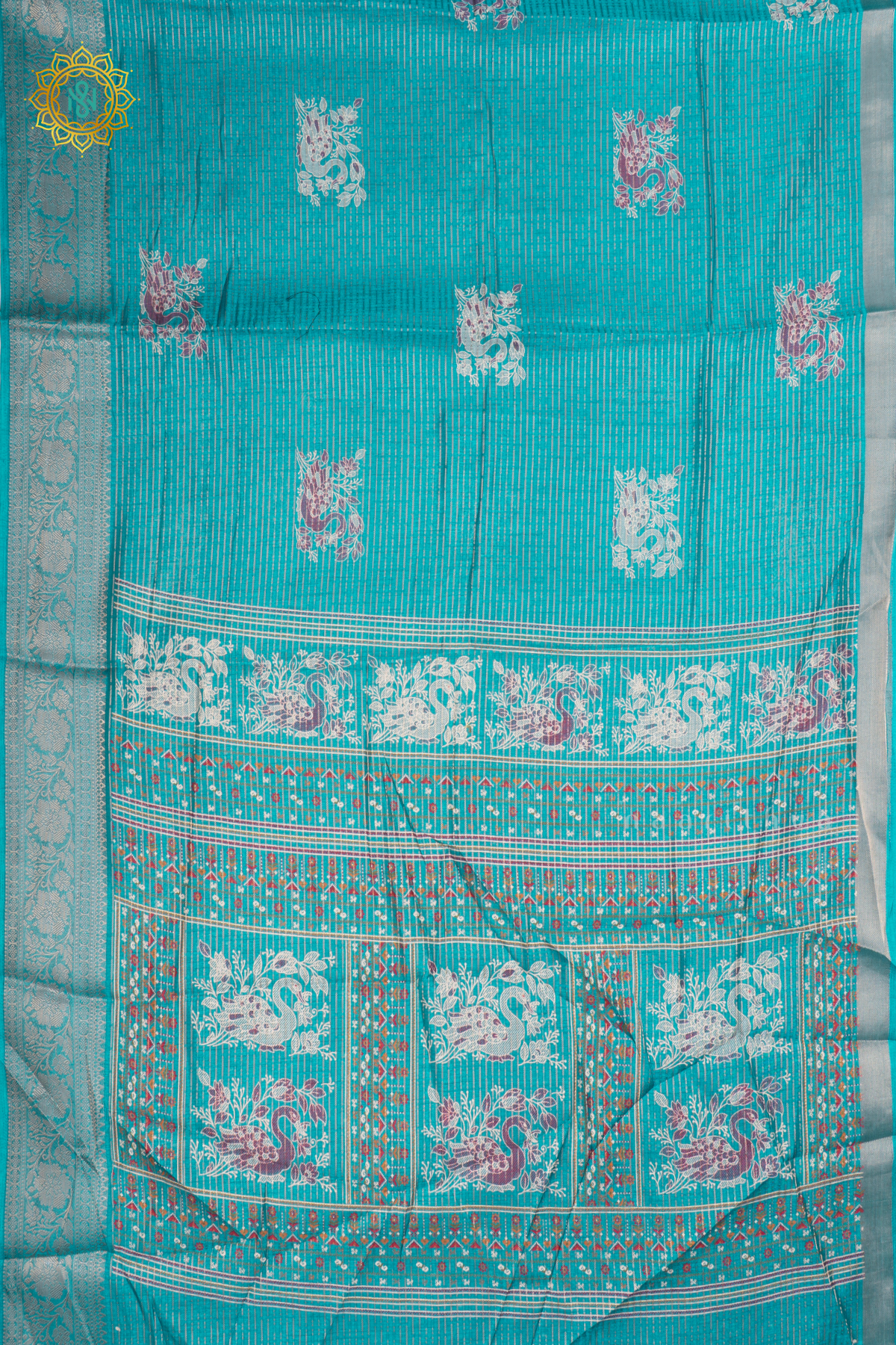 Sky Blue Dola Silk Saree With Allover Printed Buttas And Zari Stripes With Zari Border
