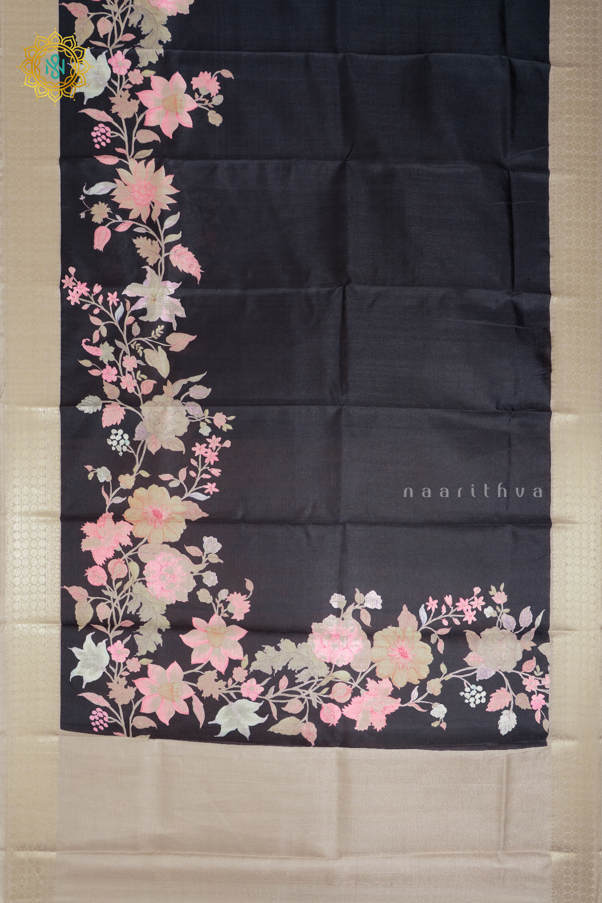 BLACK WITH OFF WHITE - SEMI TUSSAR SILK