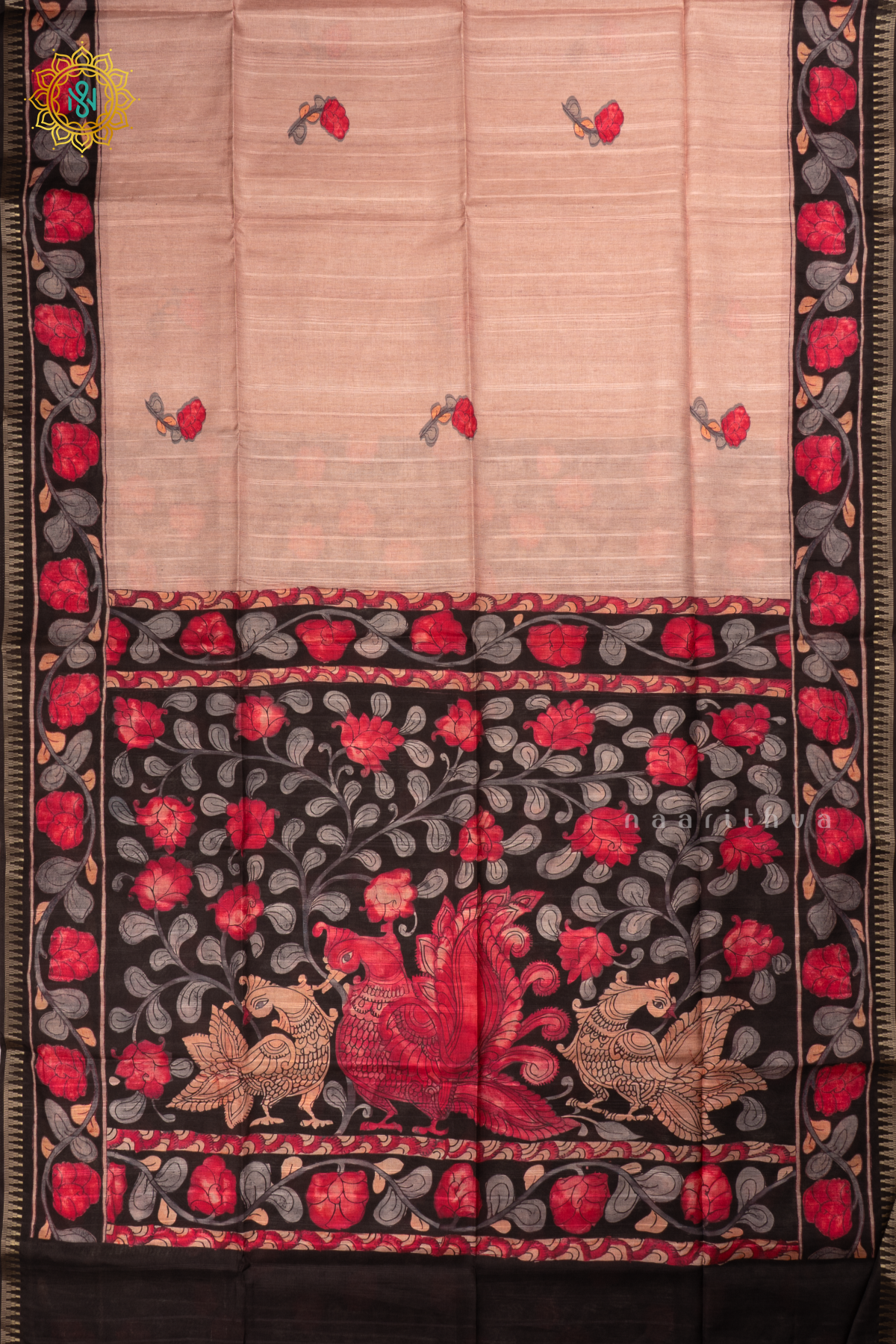 Beige Semi Tussar Silk Saree With Kalamkari Prints allover the body,Pallu and Zari Border