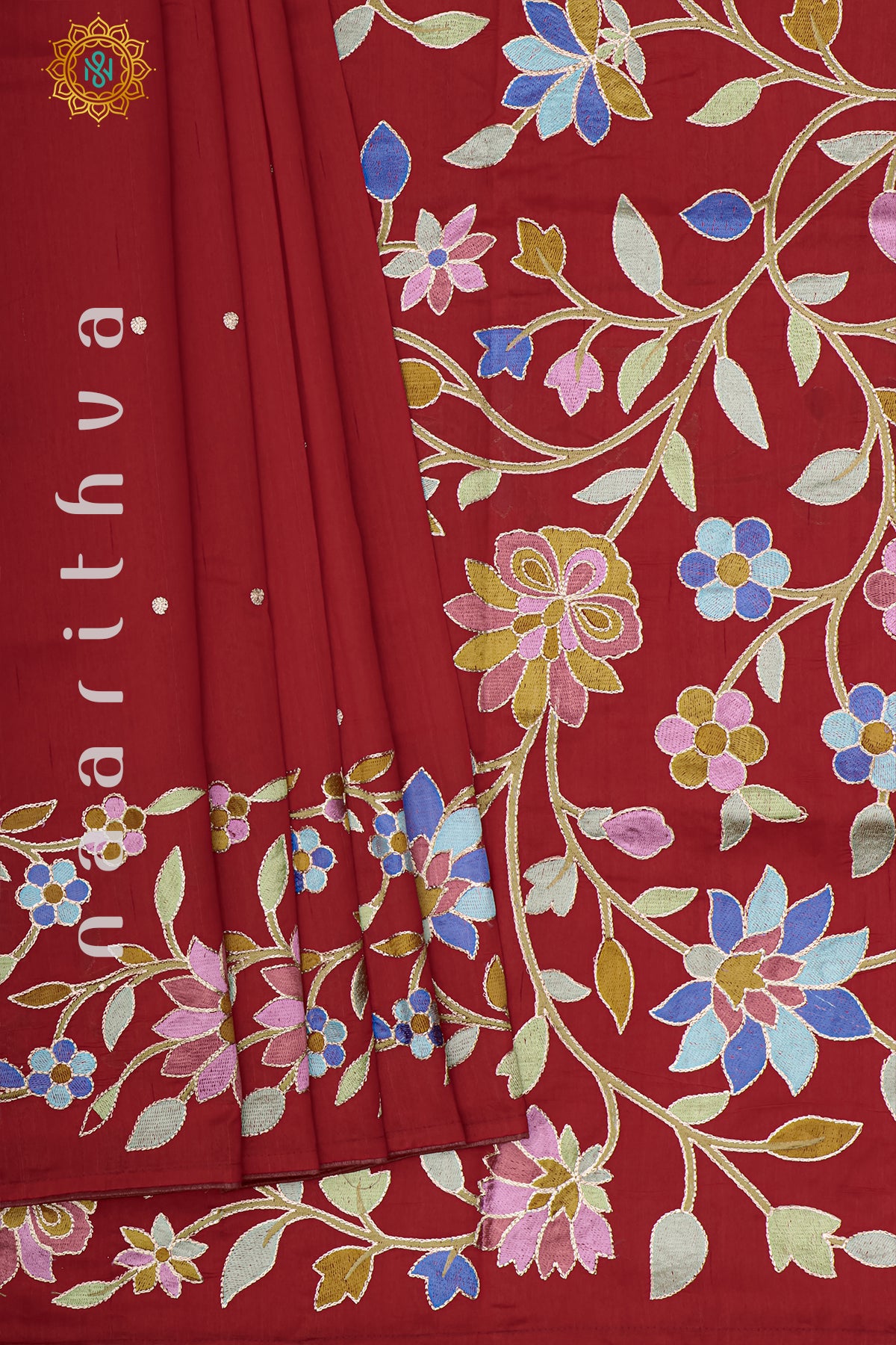 RED - SEMI TUSSAR SILK WITH EMBROIDERY