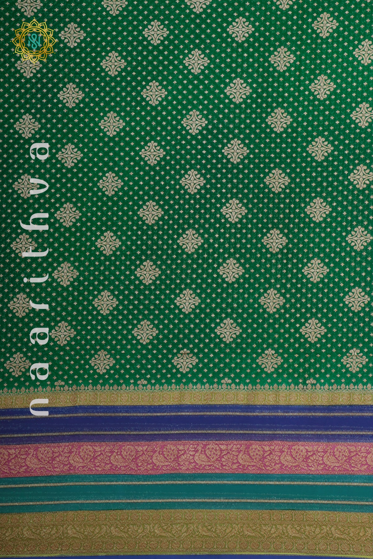 GREEN WITH BLUE, PINK & PARROT GREEN - PURE BANARASI KHADDI GEORGETTE