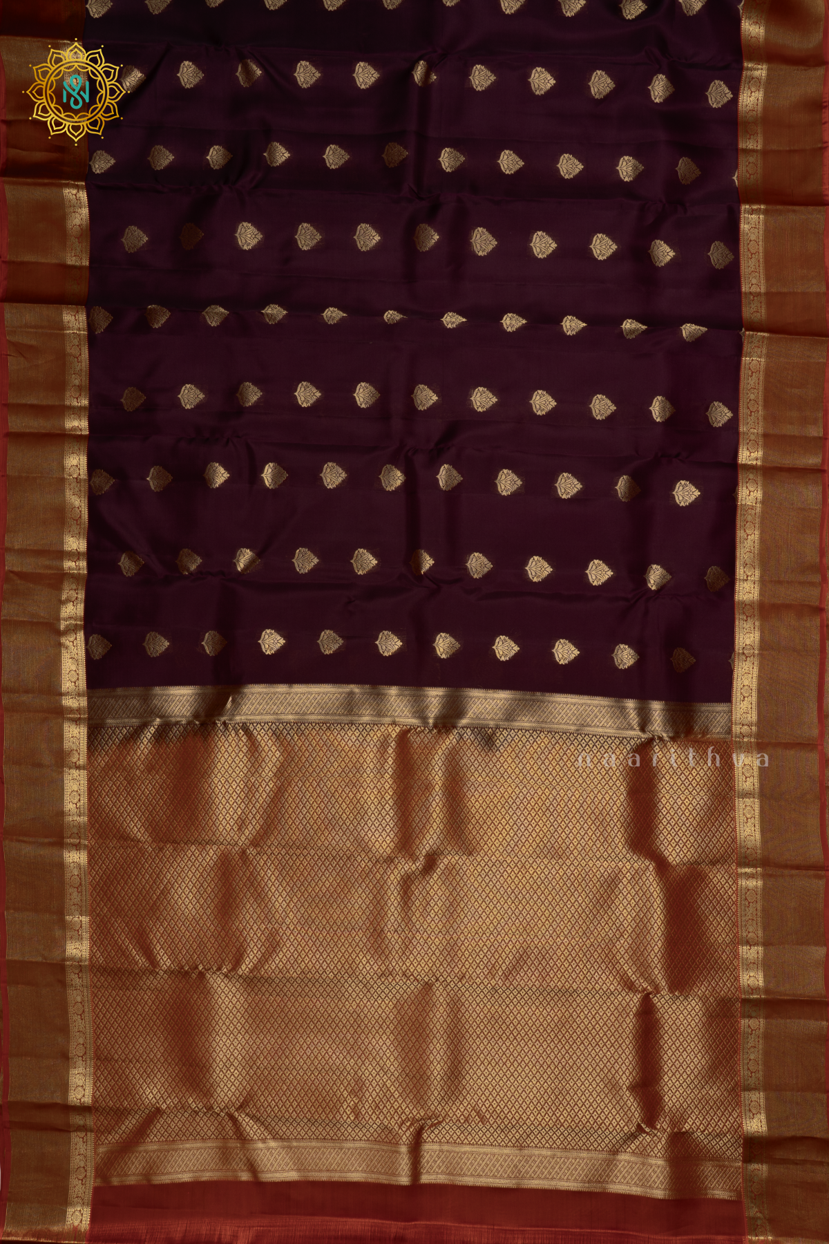 Deep Wine With Orange Pure Mix Kanjivaram Silk Saree with Zari Woven Buttas and Contrast Zari Woven Border With Contrast Pallu & Blouse