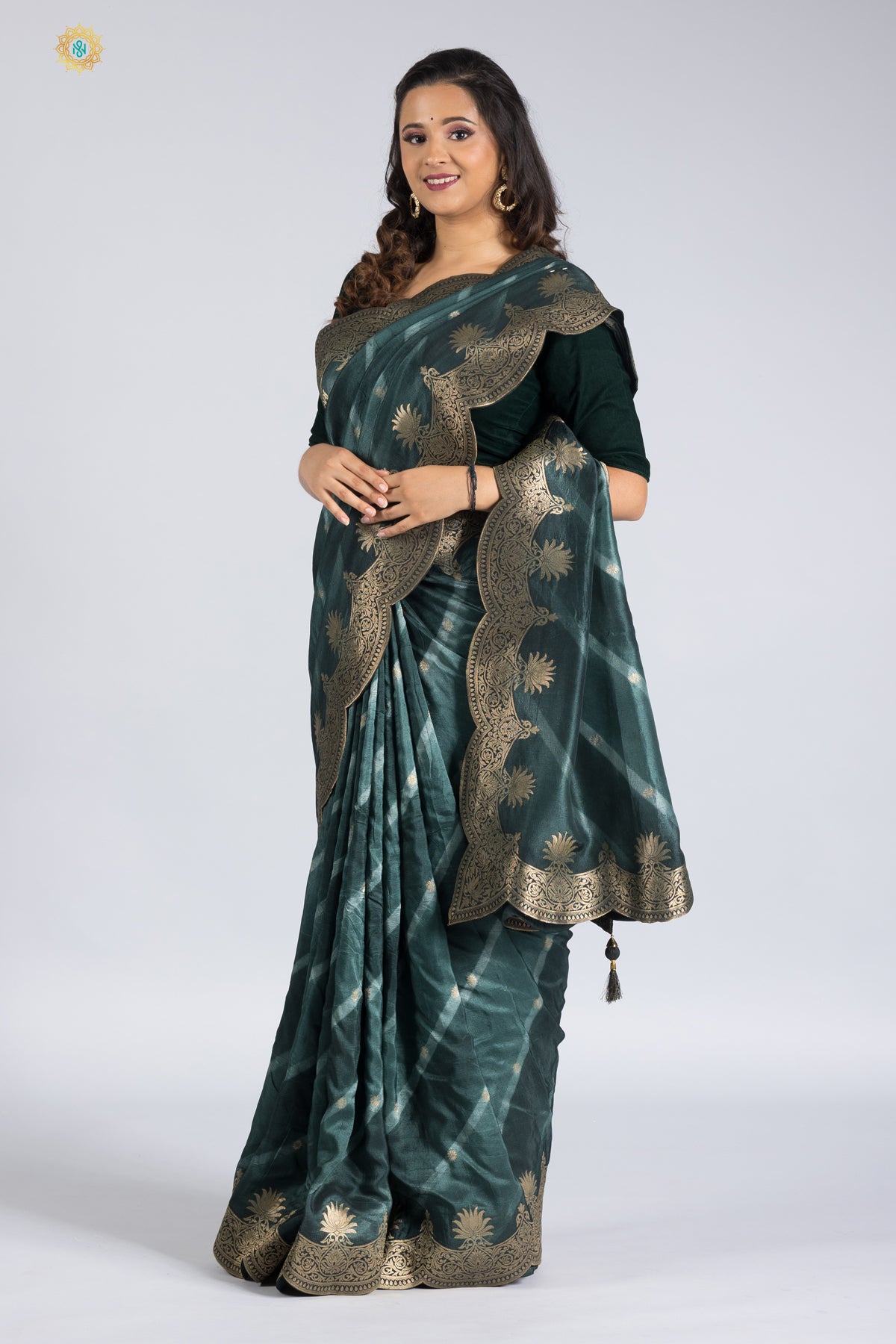 DARK GREEN - DESIGNER DOLA SILK WITH ZARI WOVEN BUTTAS & SCALLOP BORDER