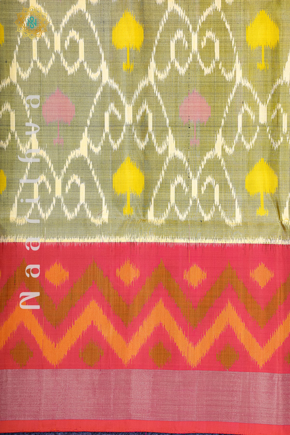 OLIVE GREEN WITH PINK - PURE IKAT SOFT SILK