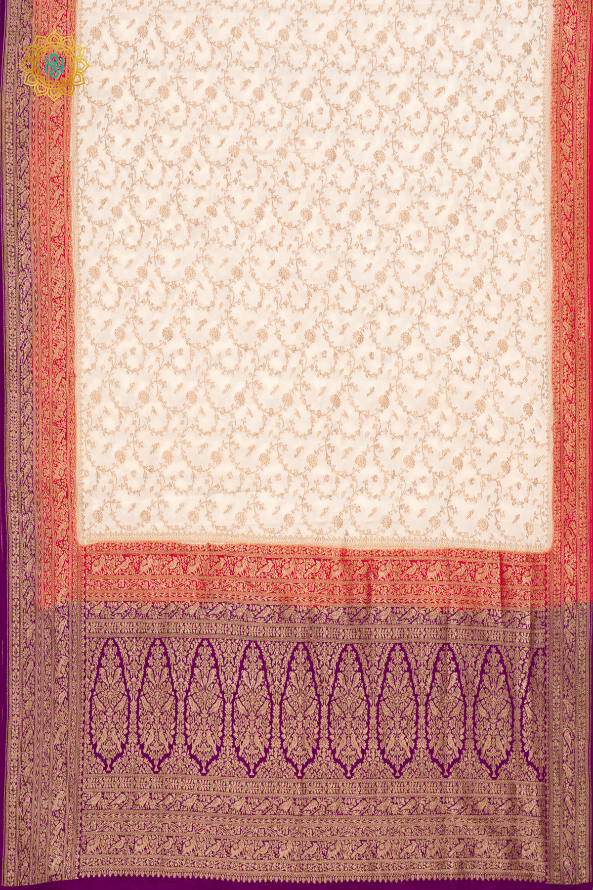 WHITE WITH RED & WINE - PURE BANARASI CREPE SILK