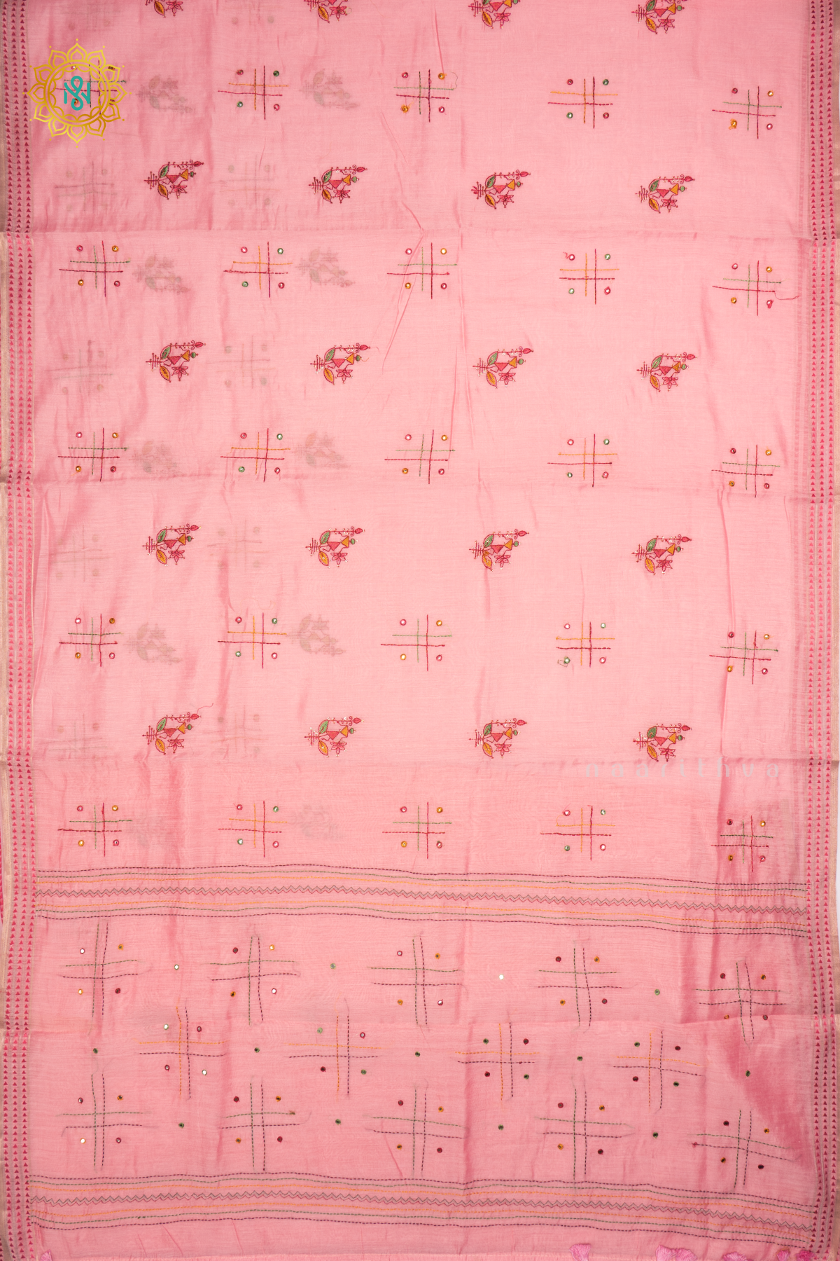 LIGHT PINK - CHANDERI  COTTON SAREE WITH EMBROIDERY BUTTAS,  PALLU AND  THREAD WOVEN BORDER