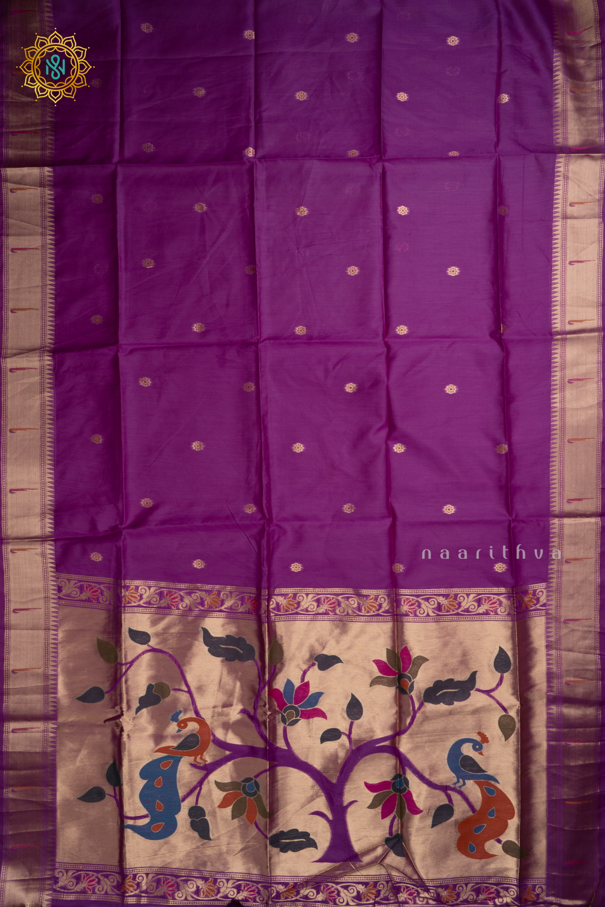 Magenta Semi Tussar Silk Saree Zari Buttas On The Body With Paithani Border & Pallu