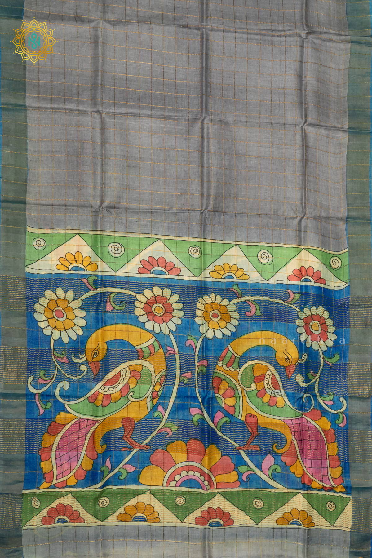 GREY WITH SKY BLUE - PURE TUSSAR SILK