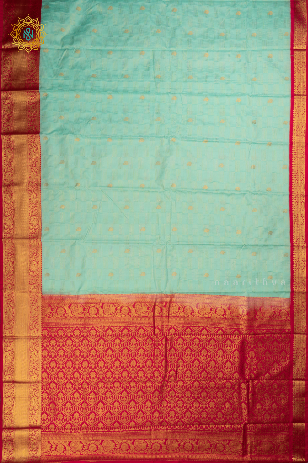 Aqua Blue with Pink Semi Kanchi Saree With Zari Buttas All Over And Contrast Zari Border