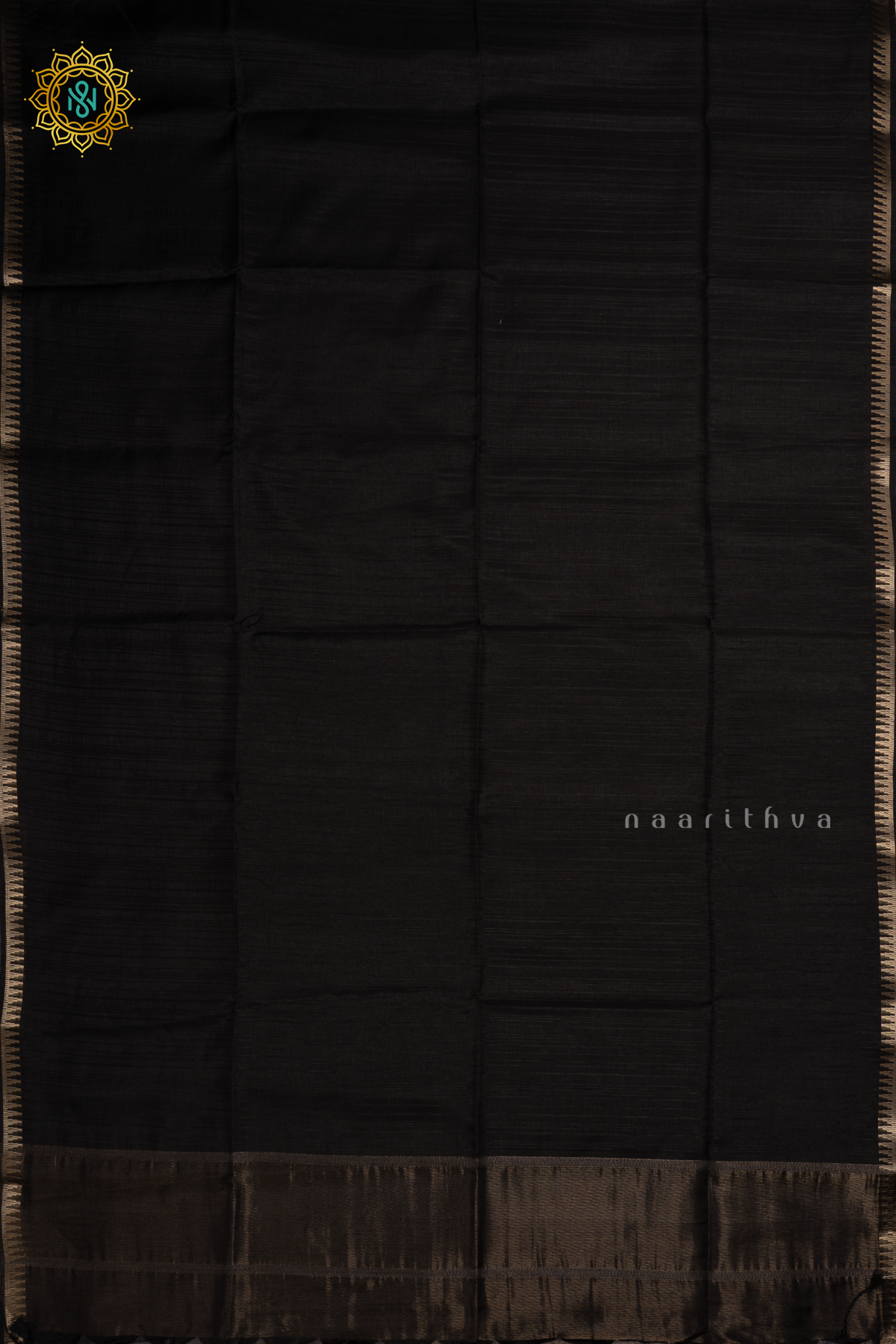Black Semi Raw Silk Saree With Plain Body And Temple Zari Border
