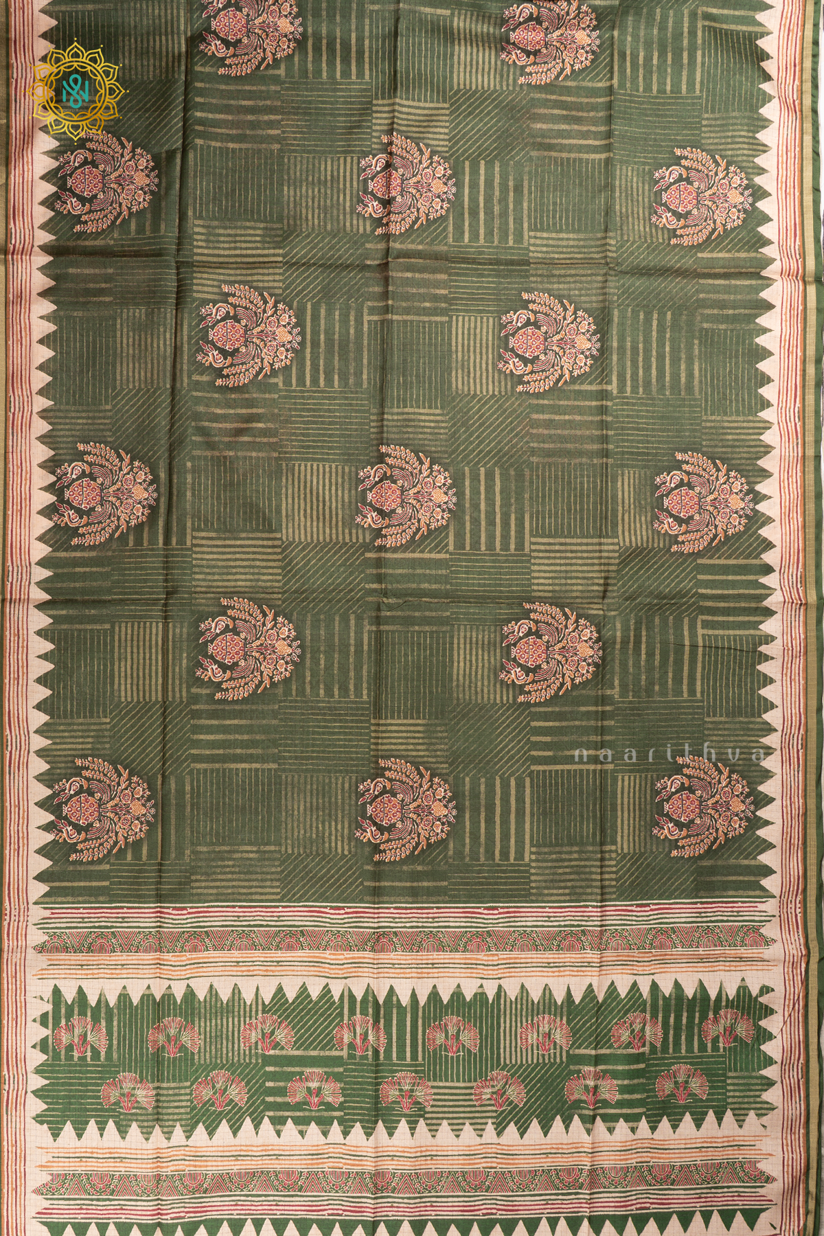 GREEN WITH OFF WHITE - SEMI TUSSAR SILK