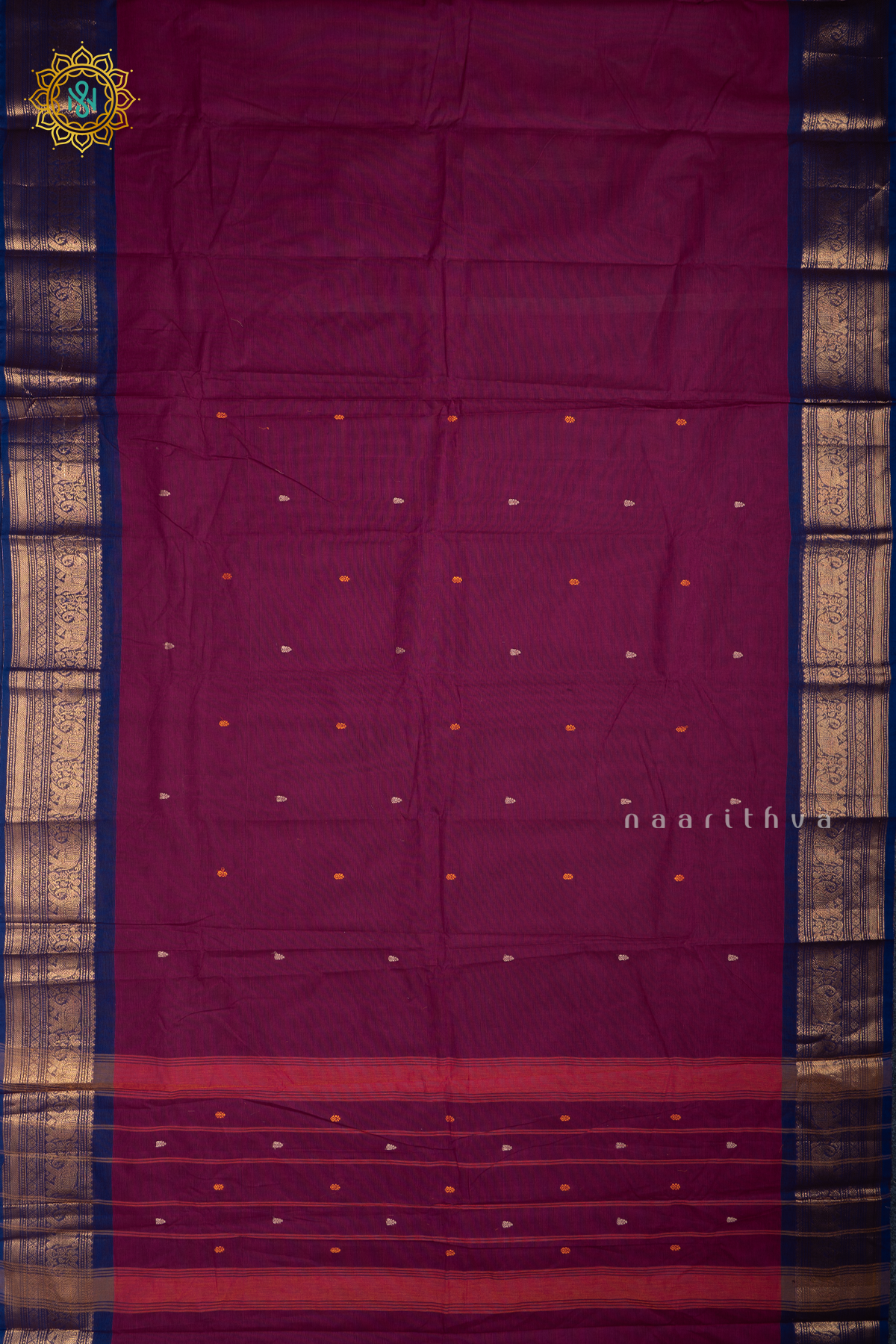 Magenta With Blue Chettinad Cotton Saree With Thread Woven Buttas & Contrast Border