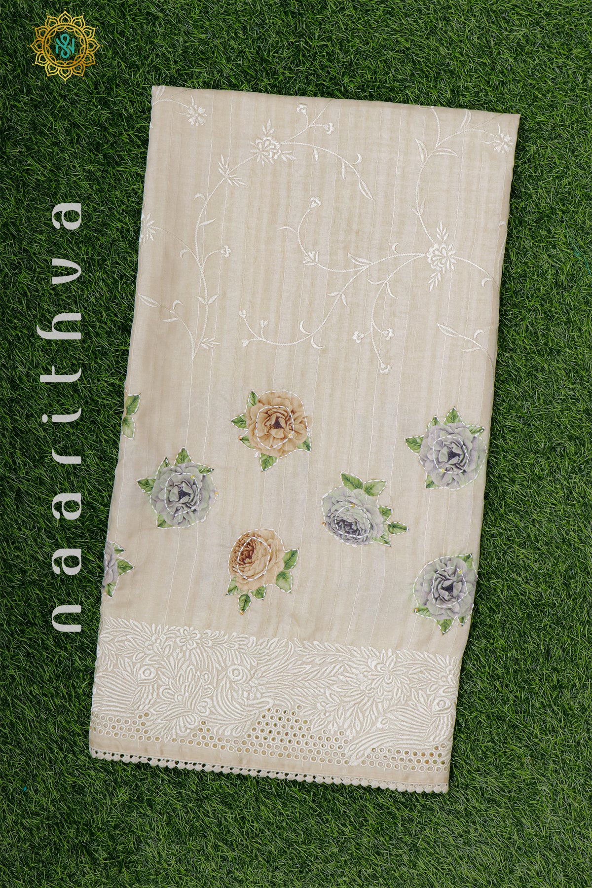 OFF WHITE WITH GREY - TUSSAR SILK WITH KATHA WORK