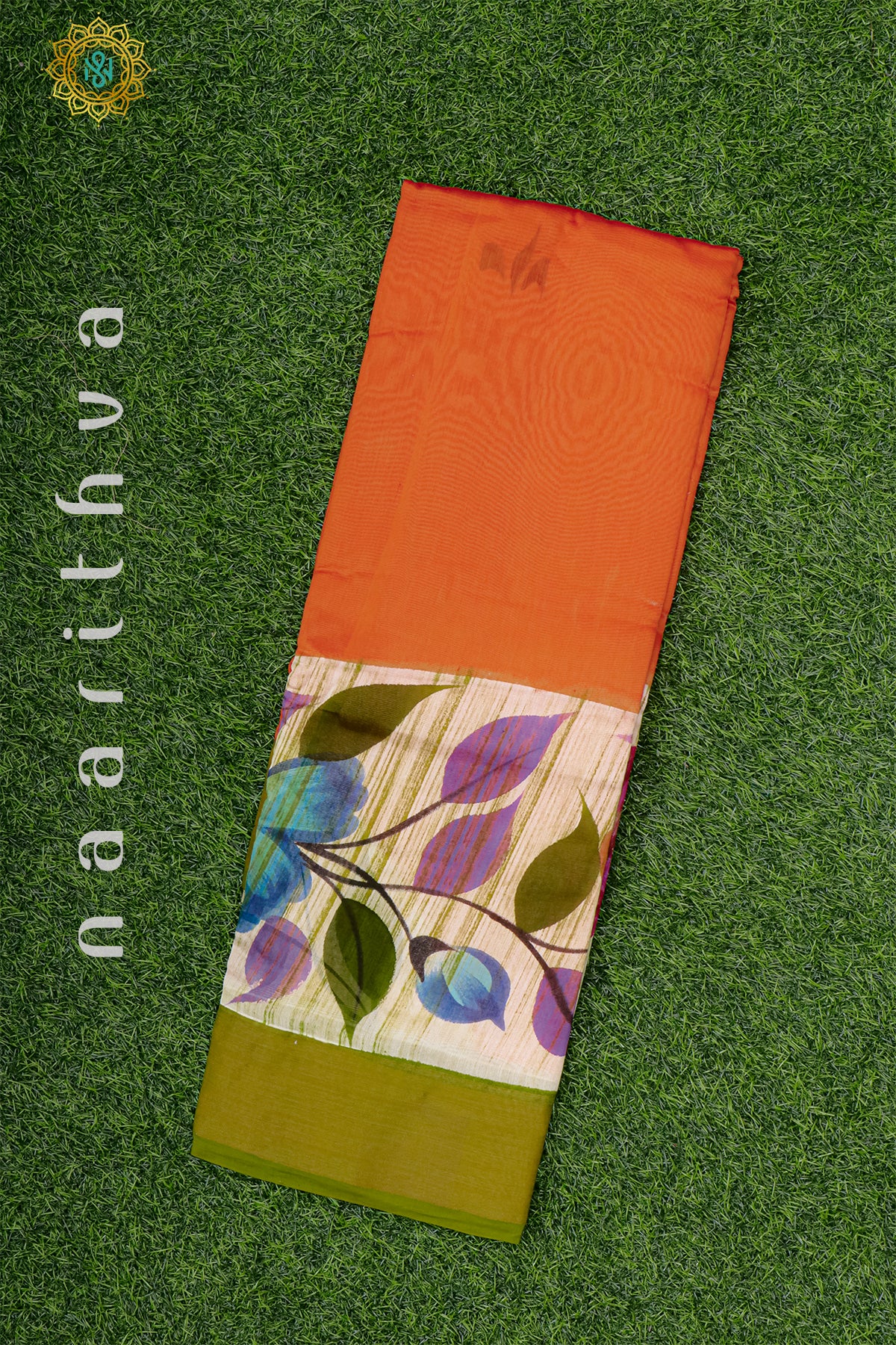 ORANGE WITH GREEN - CHANDERI SILK WITH HAND PAINTED