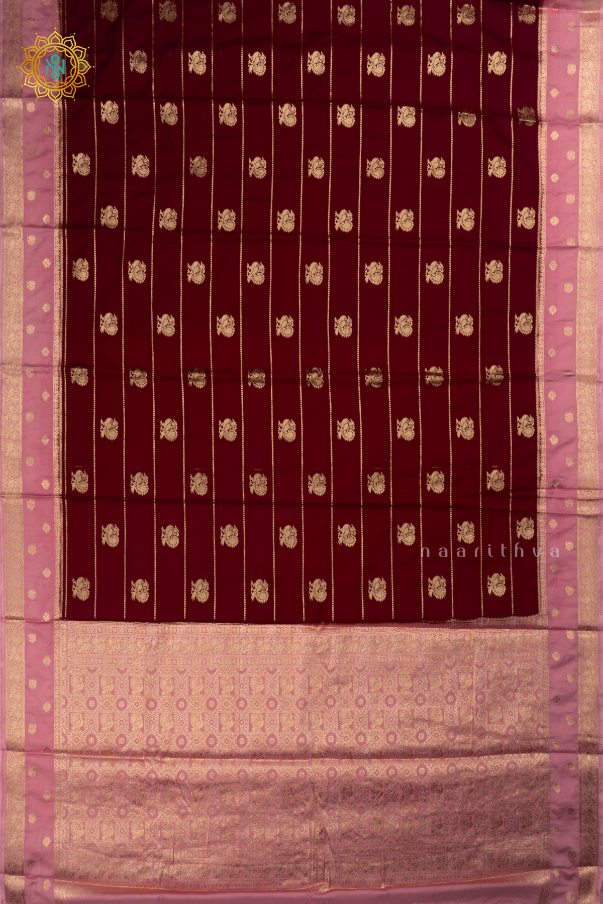 Brown with light Pink Semi Mysore Crepe Silk Saree with All-Over Zari Stripes and Zari Buttas on the Body and a Contrast Zari Border