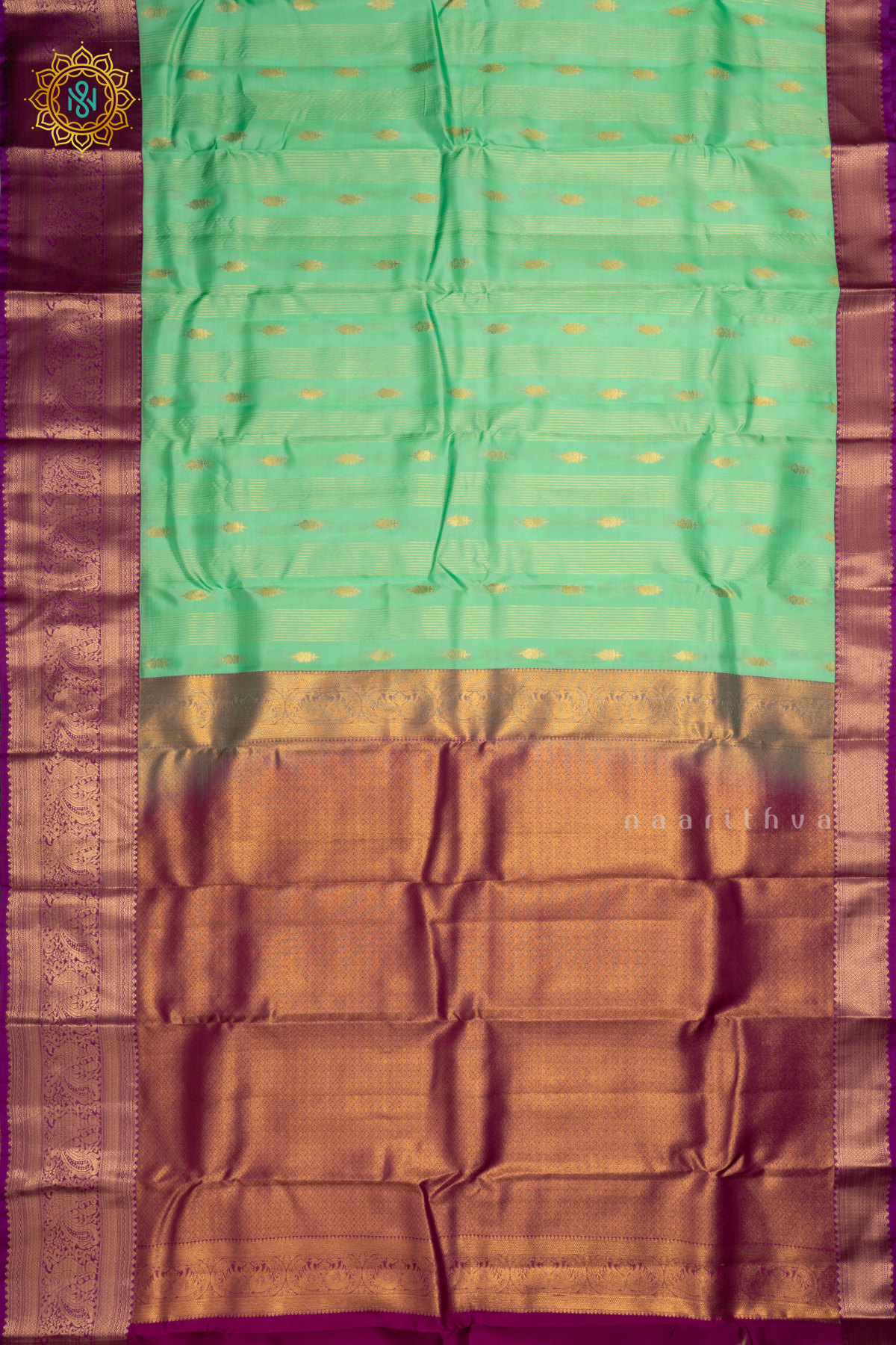 Aqua Green With Magenta  Pure Mix Kanjivaram Silk Saree with Zari Woven Stripes, Buttas and Zari Woven Contrast Border
